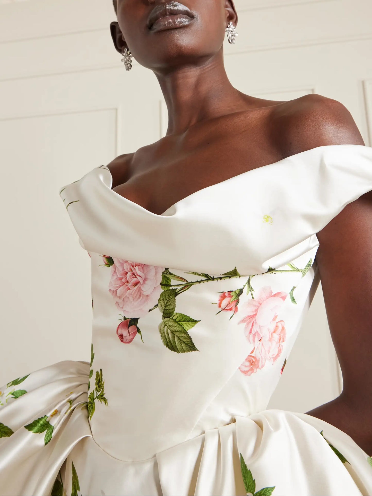 Bagatelle Off-the-shoulder Gathered Floral-print Duchesse Silk-satin Mini Dress