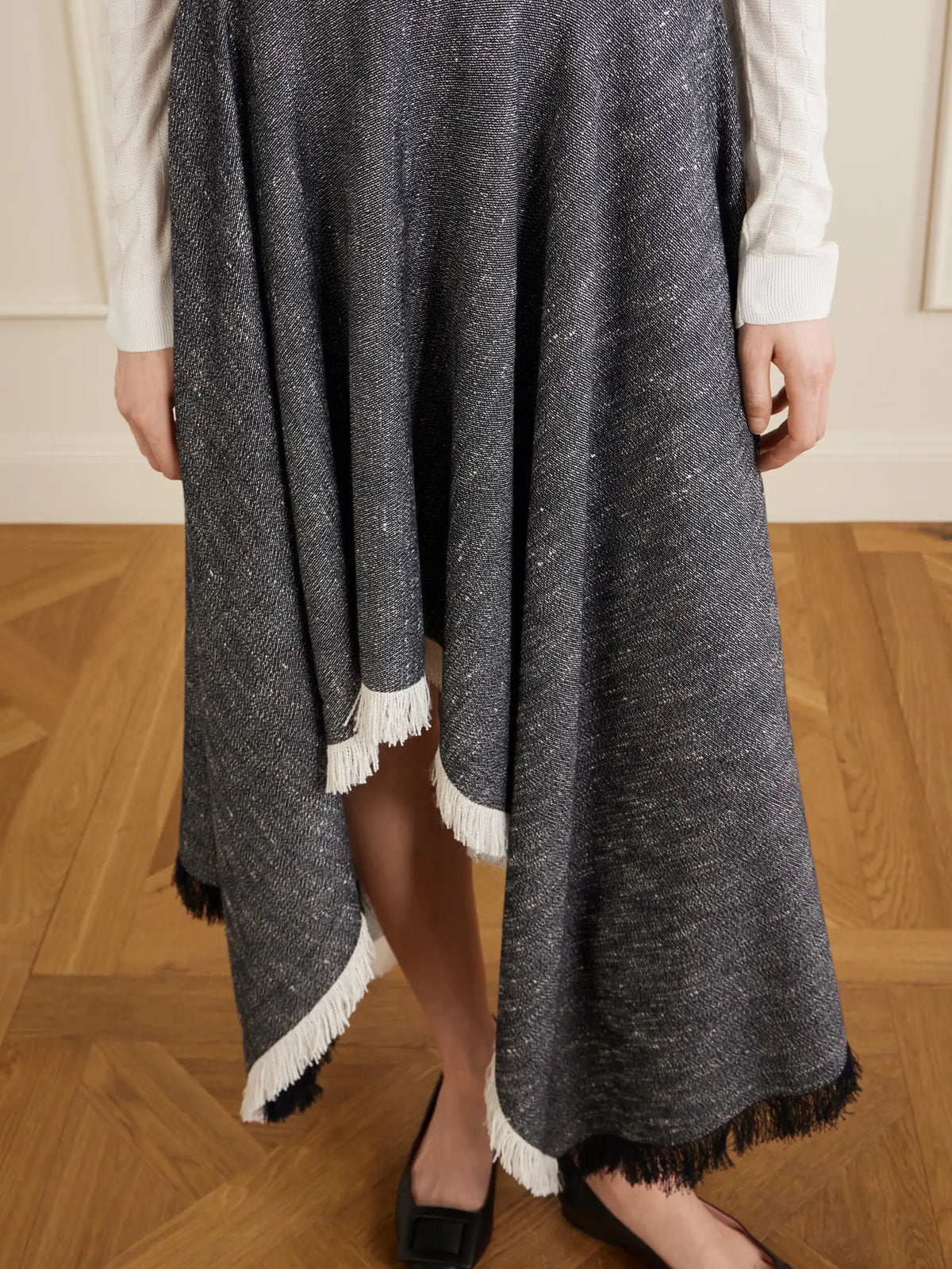 KALLMEYER Frayed Asymmetric Tweed Midi Skirt