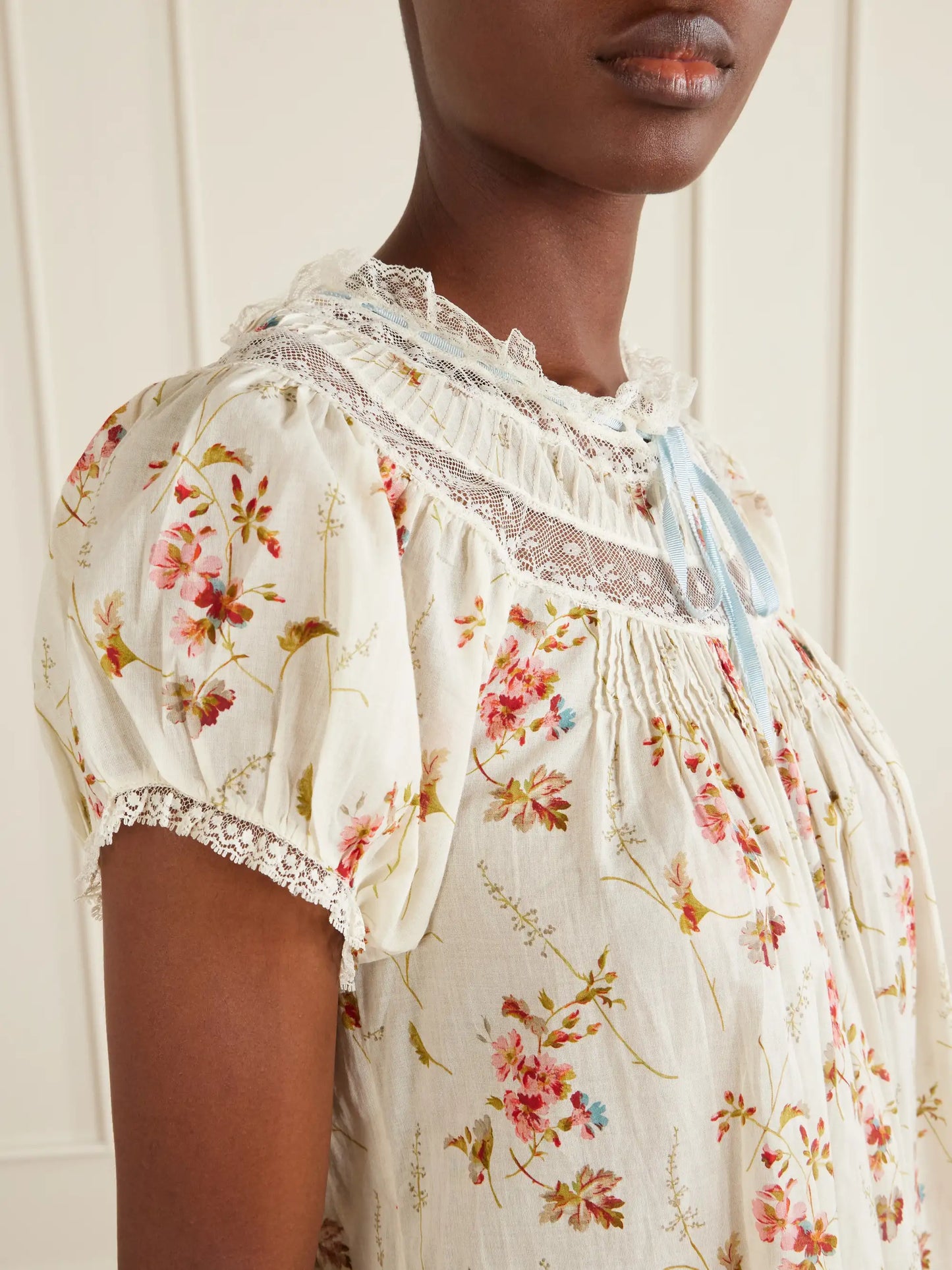 Daphne Lace-trimmed Pintucked Floral-print Organic Cotton-voile Mini Dress