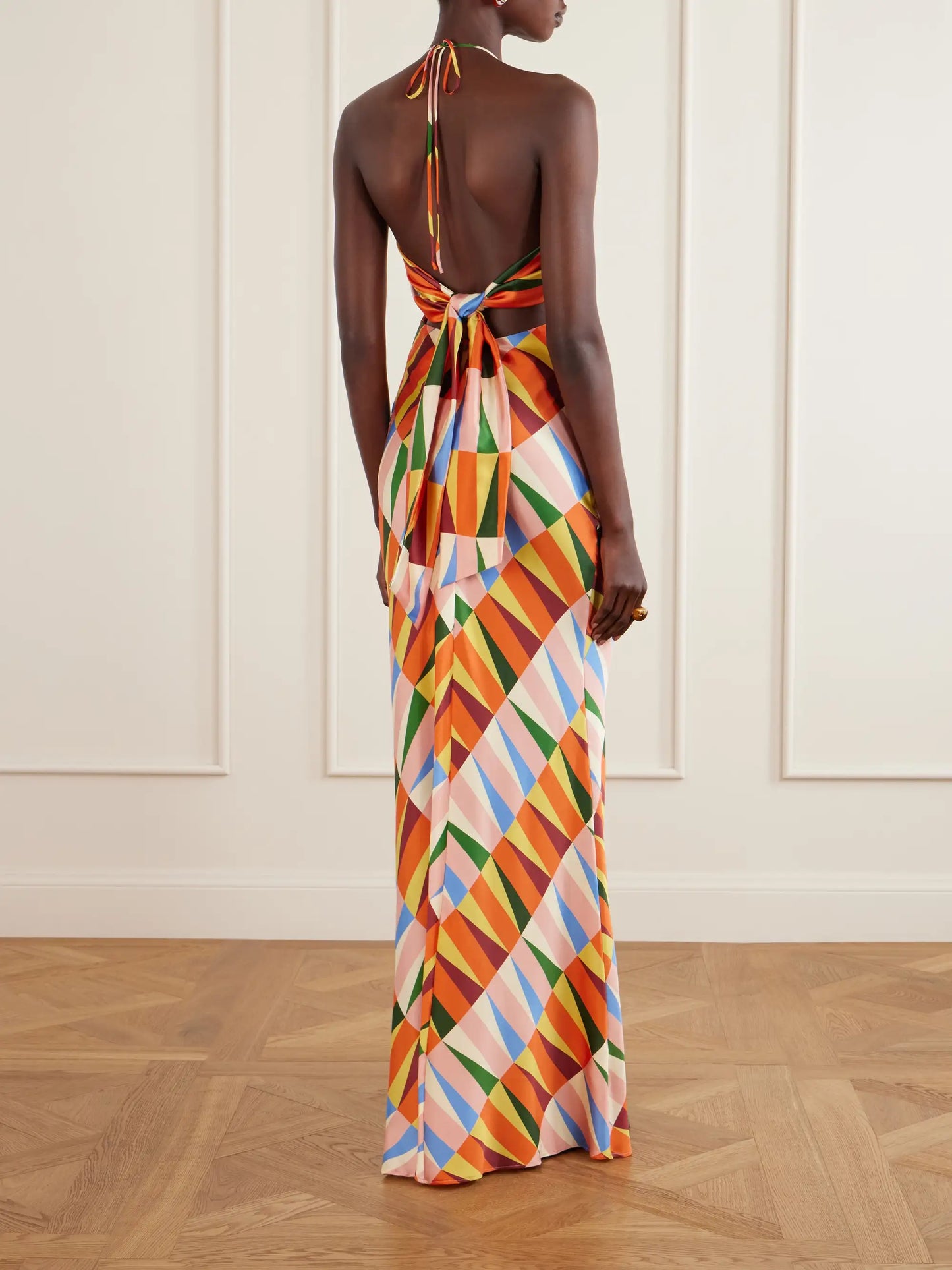 Caterina Printed Silk-blend Satin Halterneck Maxi Dress