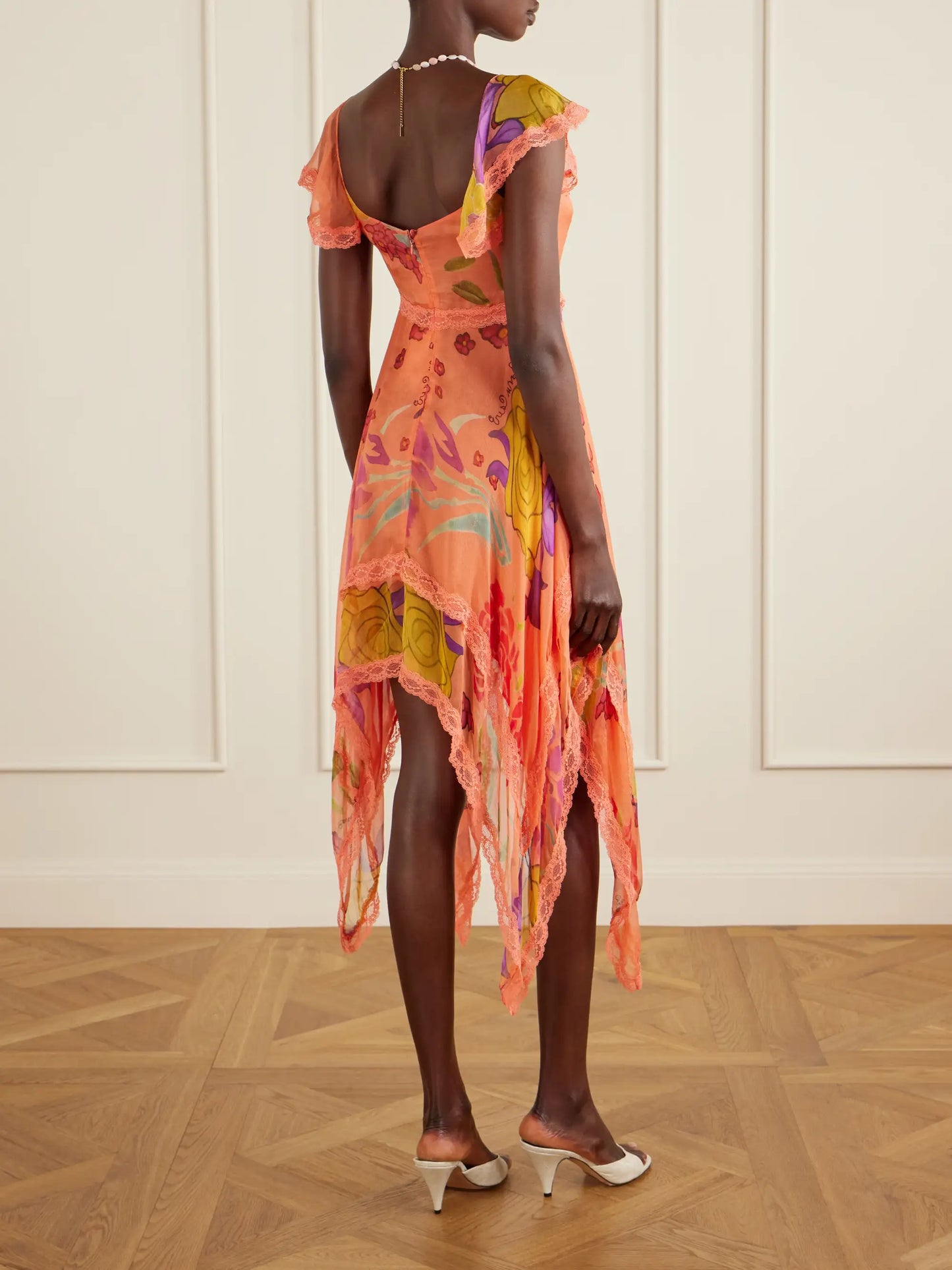 Guava Flores Ruffled Asymmetric Lace-trimmed Silk-chiffon Midi Dress