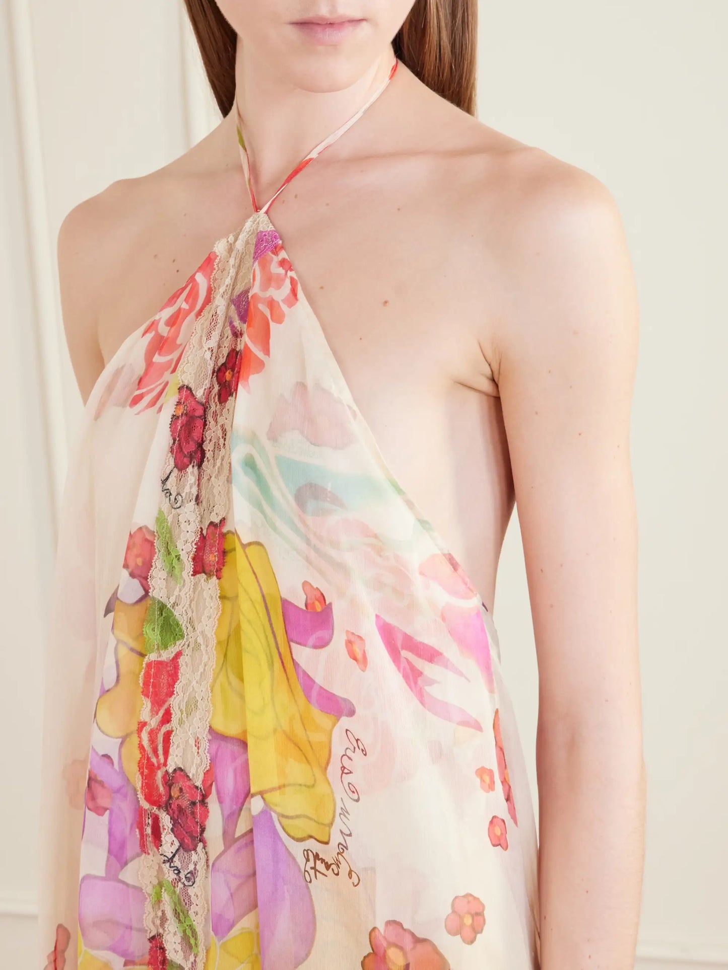 Flores Ruffled Asymmetric Lace-trimmed Silk-chiffon Halterneck Maxi Dress