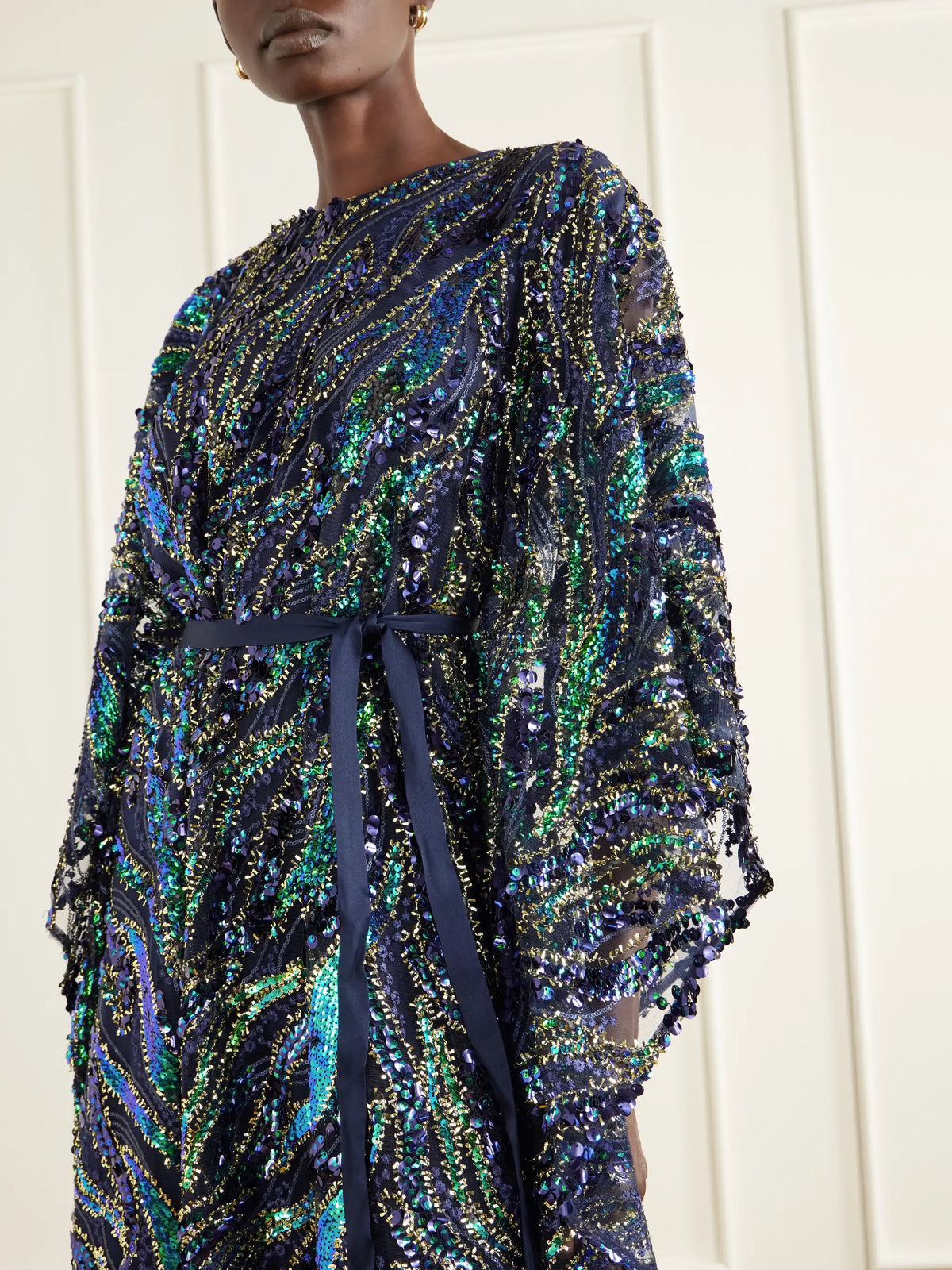 Taller Marmo Firefly Belted Draped Sequined Tulle Gown