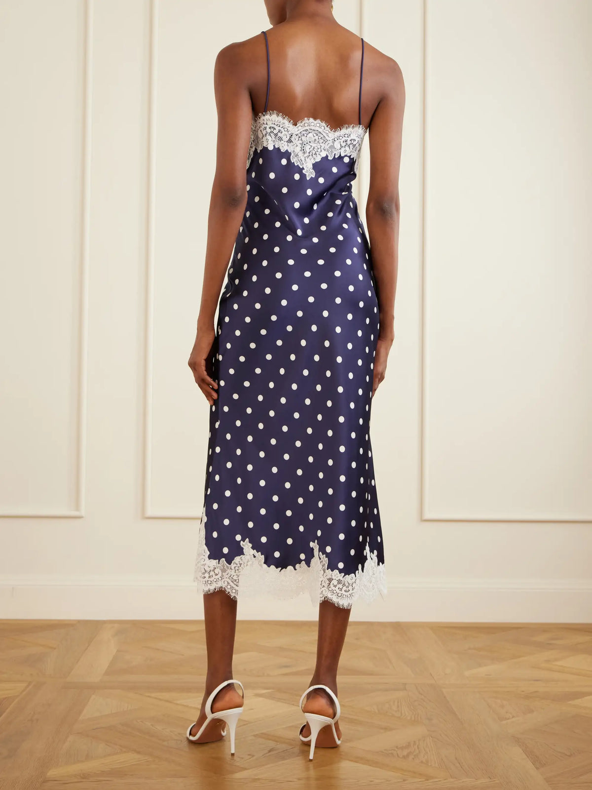 Self-Portrait Lace-trimmed Polka-dot Satin Midi Dress