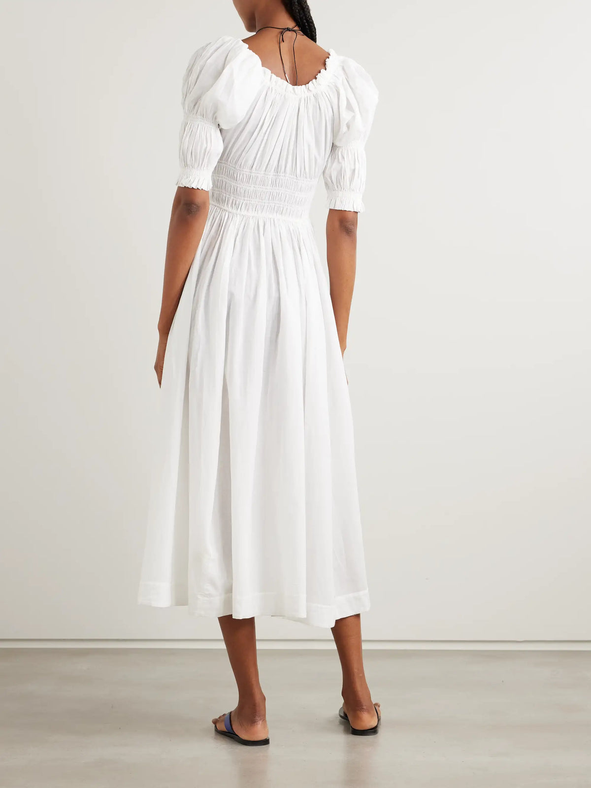 Ischia Shirred Organic Cotton-blend Voile Midi Dress