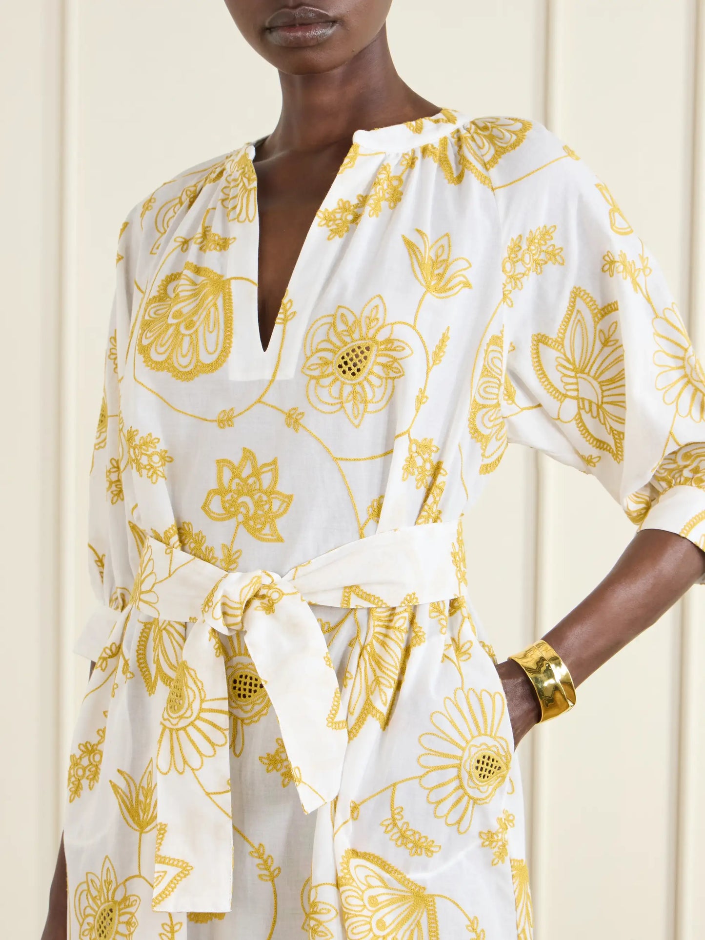 Sari Anjana Belted Embroidered Cotton-blend Midi Dress