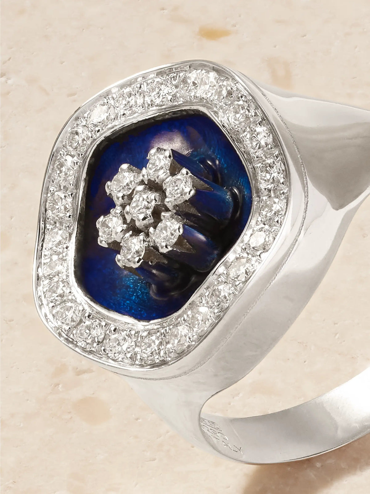 Flower 18-karat White Gold, Diamond And Enamel Signet Ring
