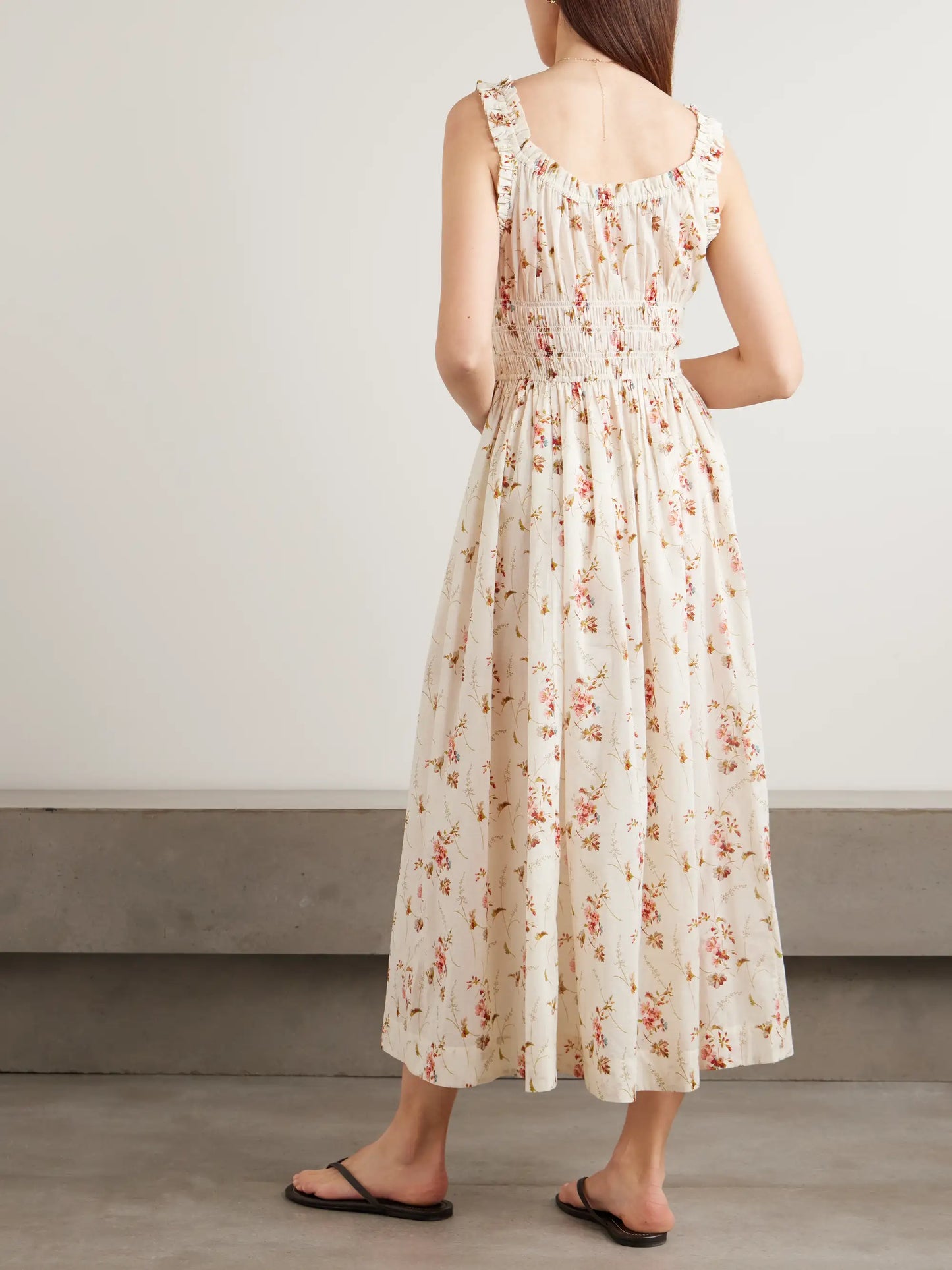 Emmaretta Tie-detailed Shirred Floral-print Organic Cotton Midi Dress