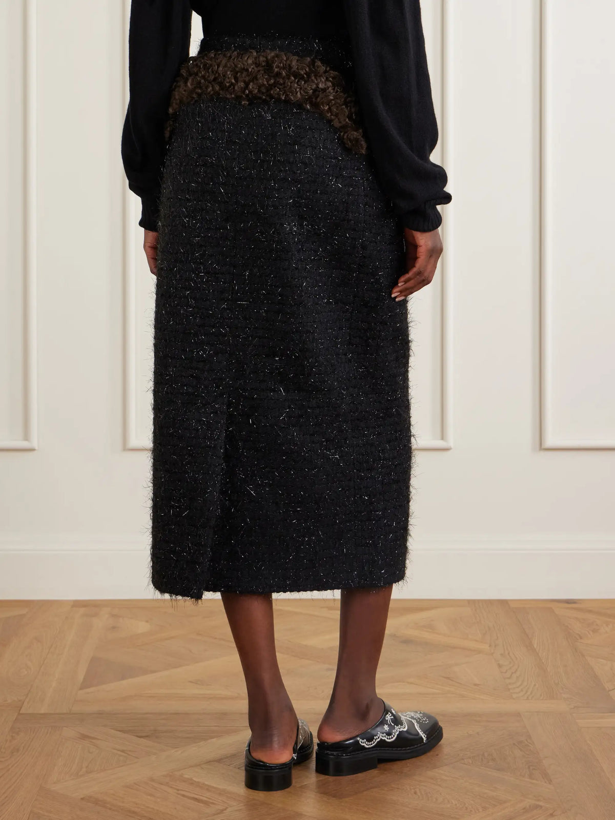 Simone Rocha Shearling-trimmed Metallic-tweed Midi Skirt