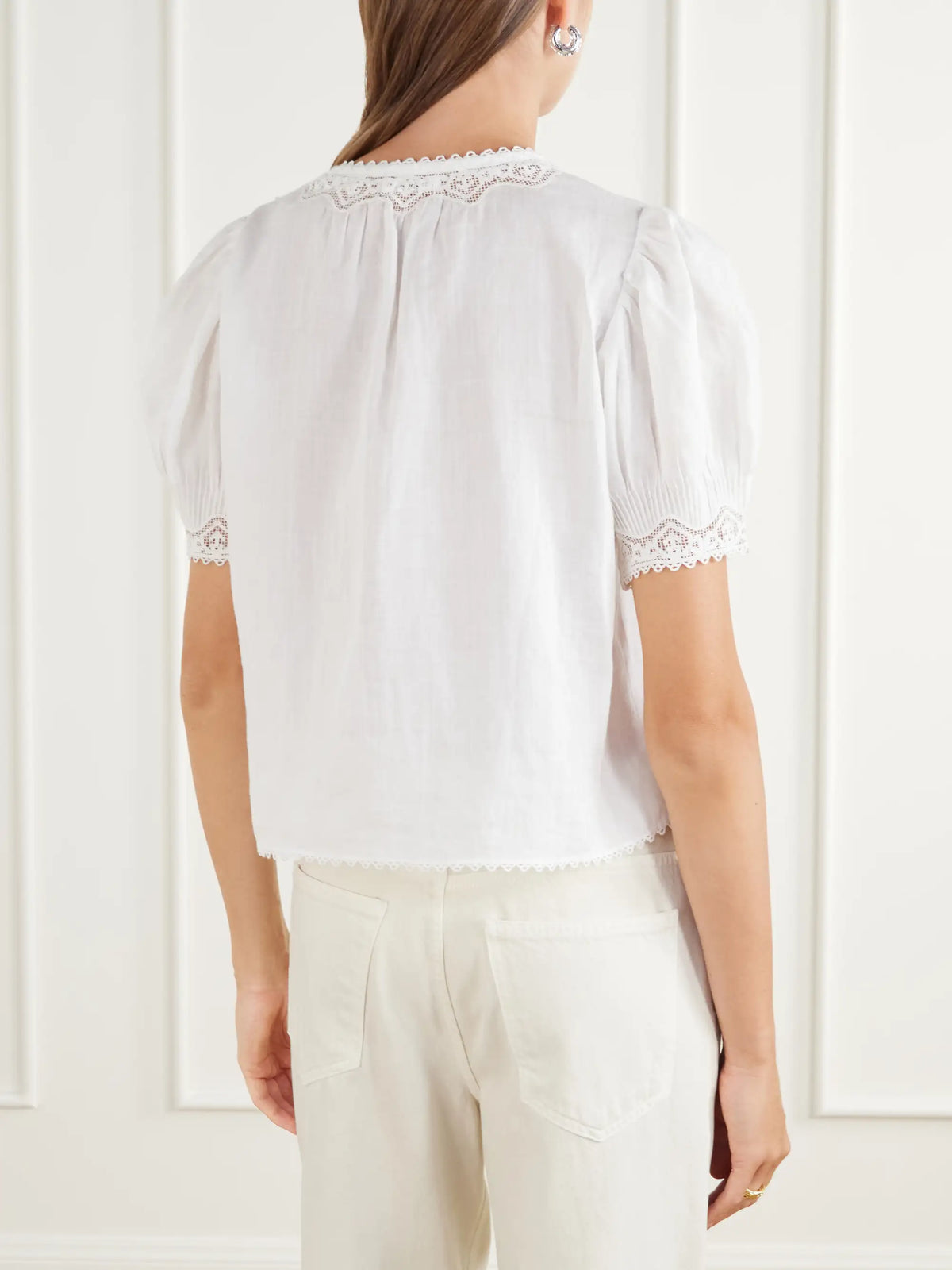 DÔEN Brigitta Lace-trimmed Pintucked Ramie Woven Blouse