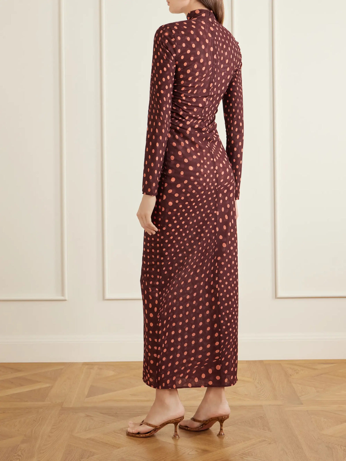 Stella McCartney Ruched Polka-dot Mesh Midi Dress