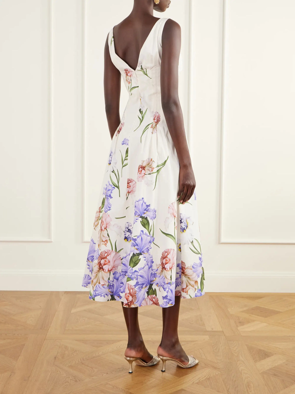Oscar de la Renta Pleated Floral-print Stretch Cotton-blend Poplin Midi Dress
