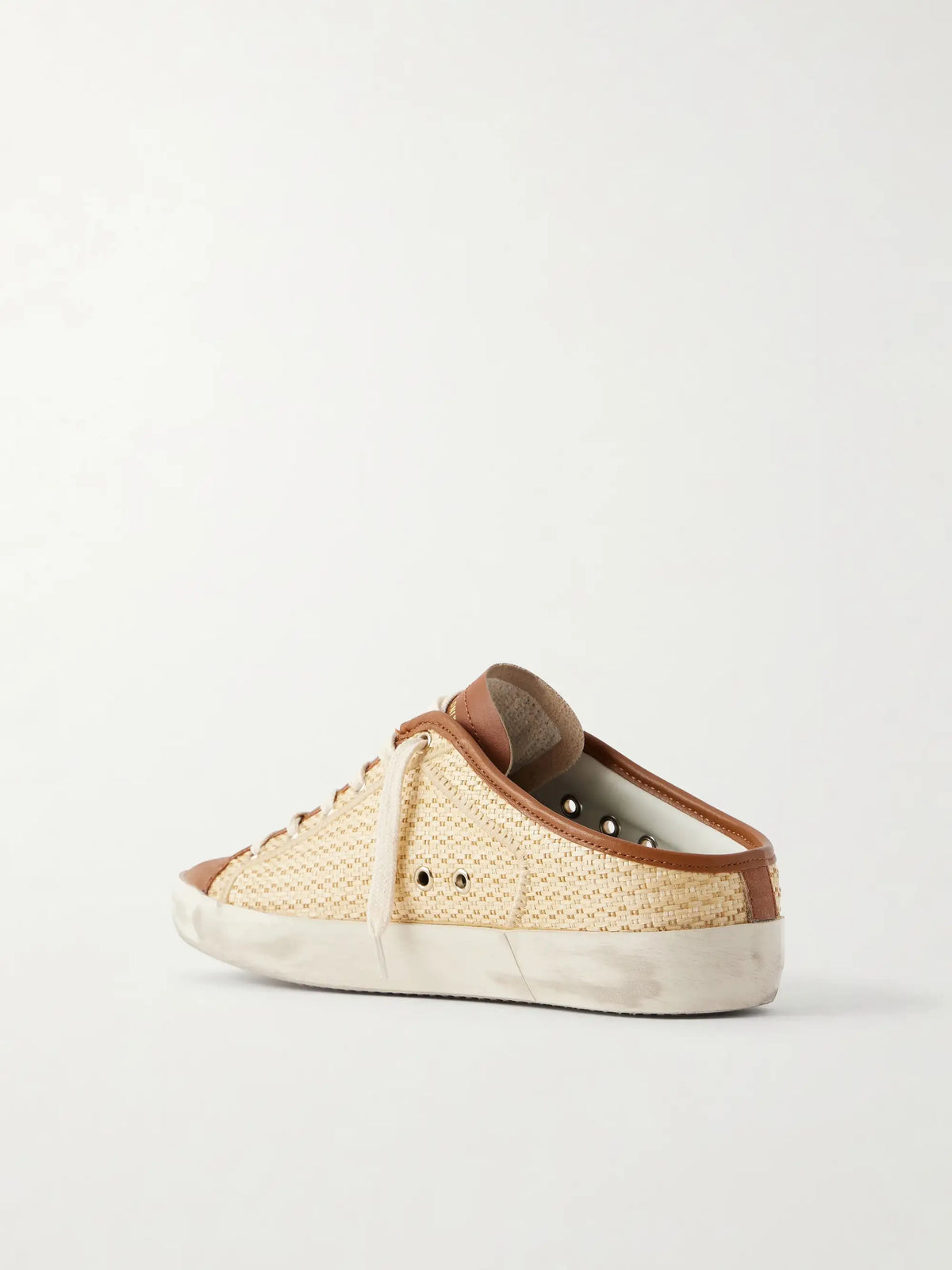 Super-star Sabot Distressed Leather-trimmed Raffia Slip-on Sneakers