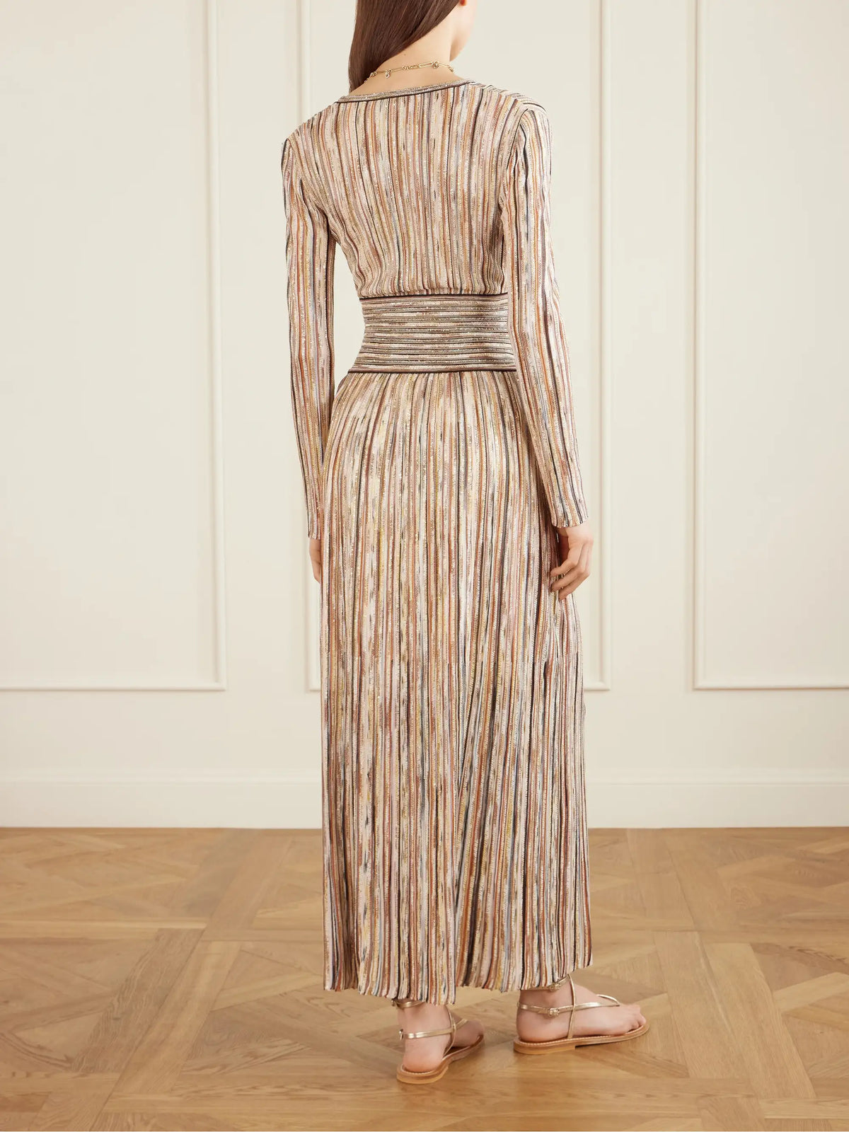 Sequin-embellished Striped Metallic Crochet-knit Midi Dress
