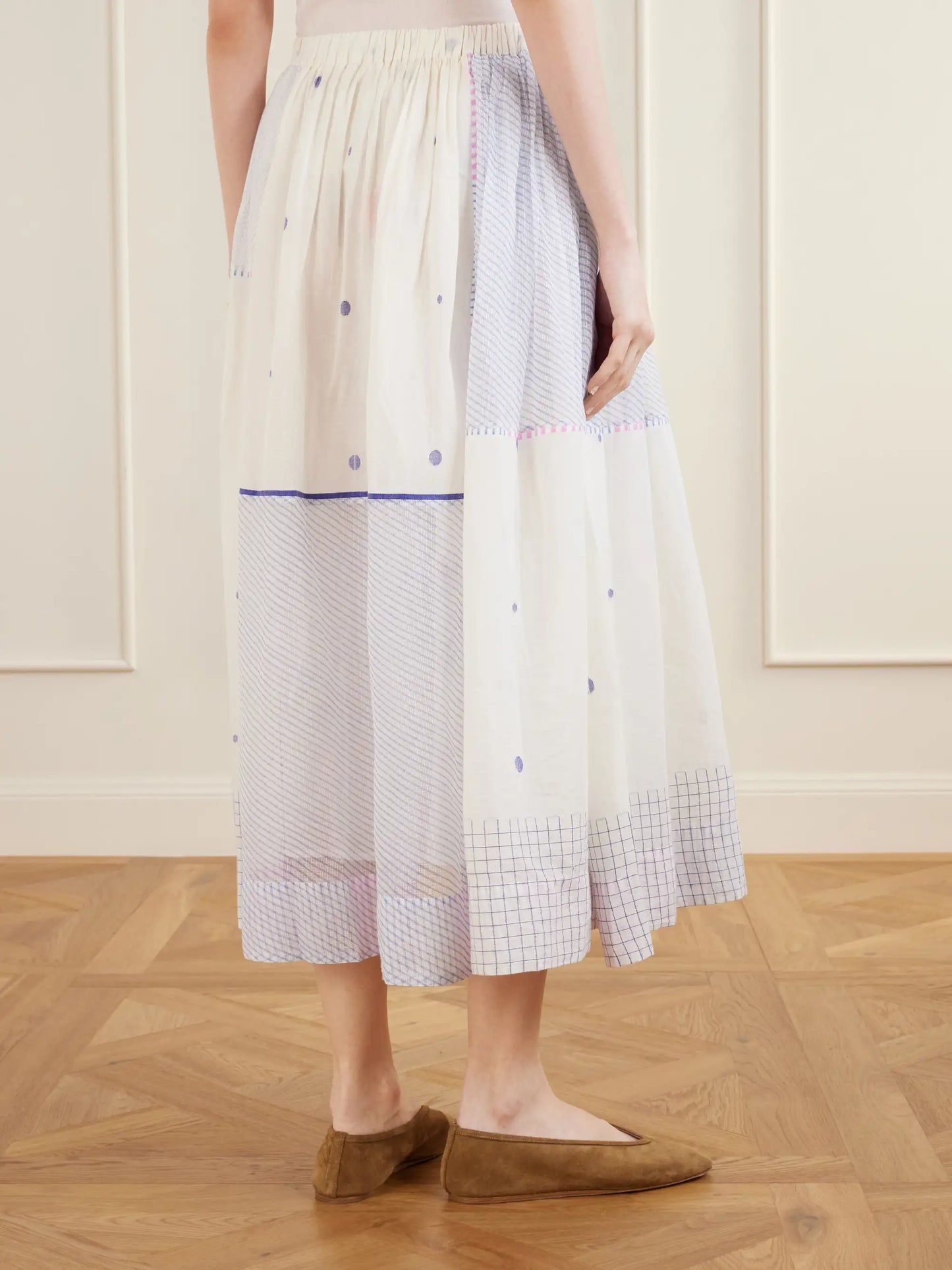 Gathered Striped Cotton-jamdani Midi Skirt
