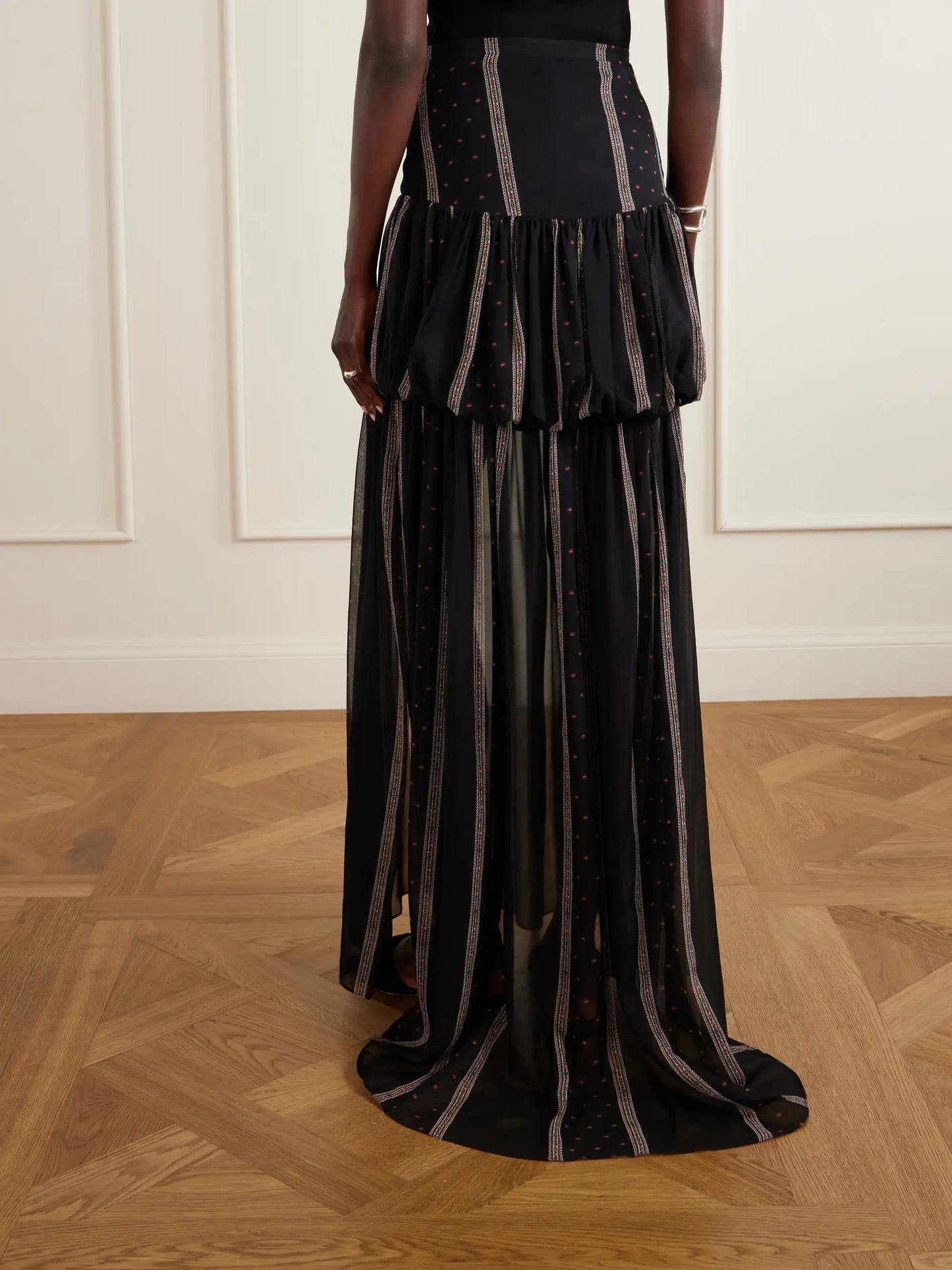 Nina Striped Peplum Silk Maxi Skirt