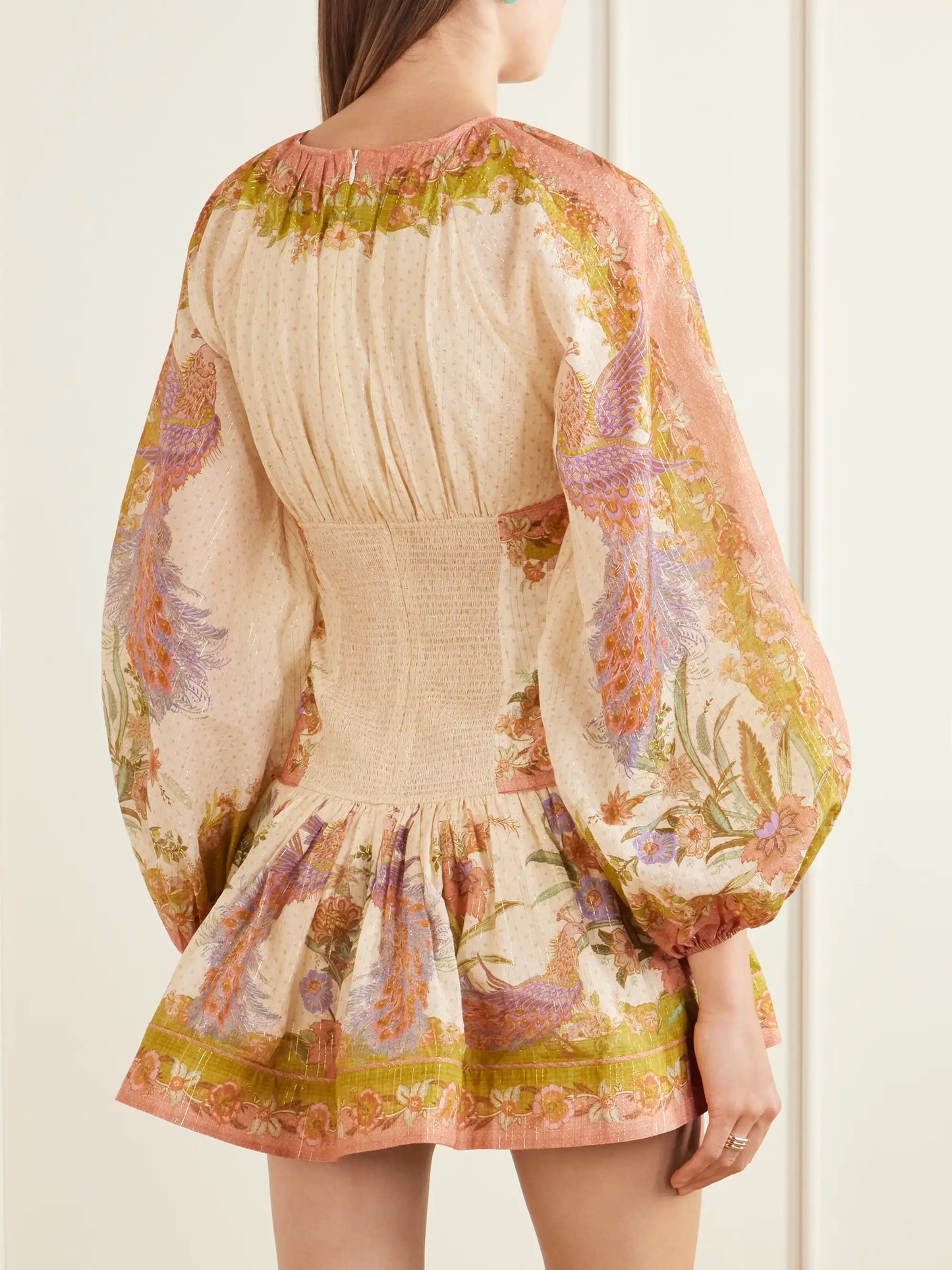 Indra Gathered Floral-print Metallic Cotton And Silk-blend Chartreuse Mini Dress