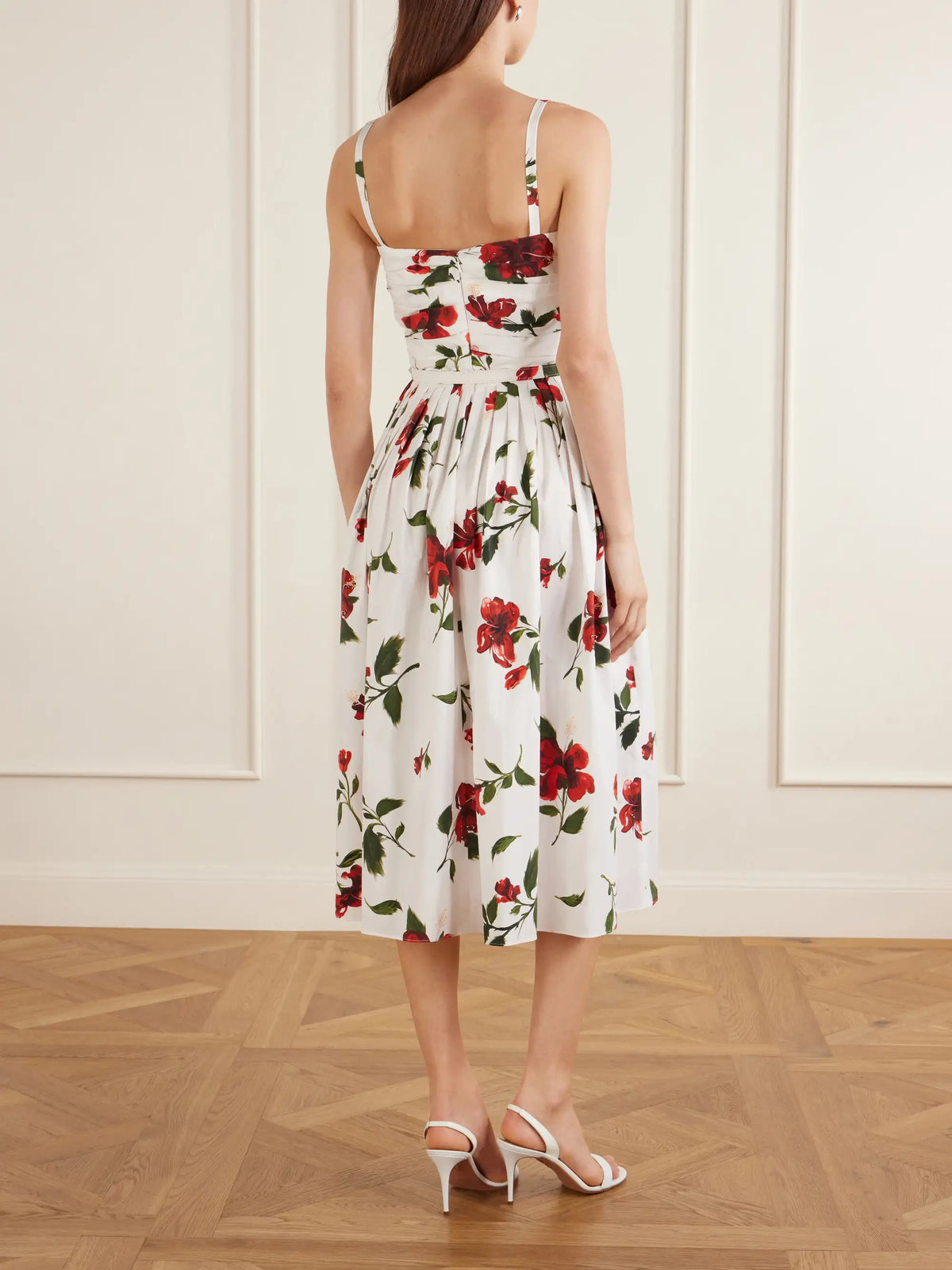 Belted Pleated Floral-print Cotton-blend Poplin Midi Dress