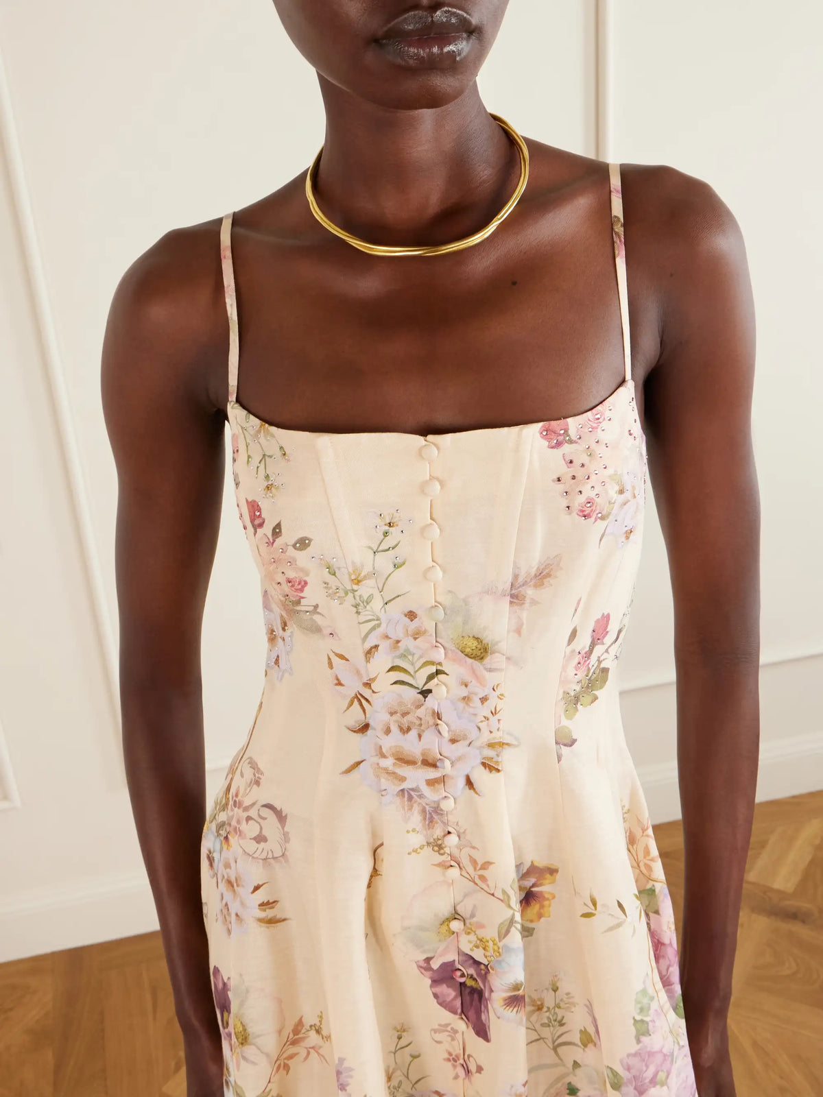 Crystal-embellished Printed Linen And Silk-blend Midi Dress