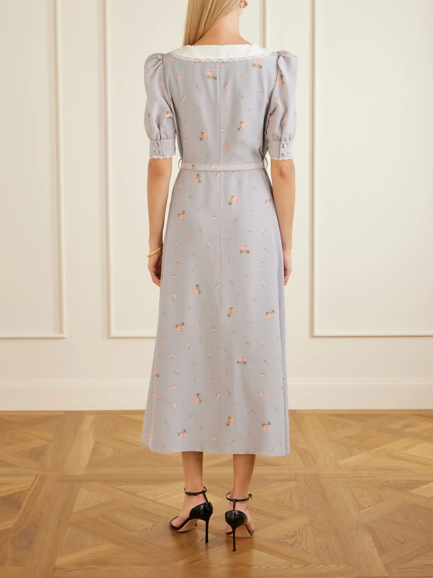 Belted Floral-print Lace-trimmed Silk-crepe De Chine Midi Dress