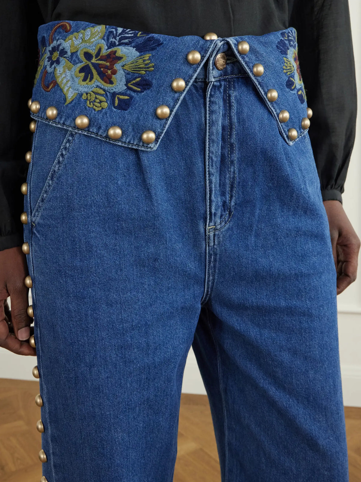 Farm Rio Studded Embroidered Mid-rise Straight-leg Jeans