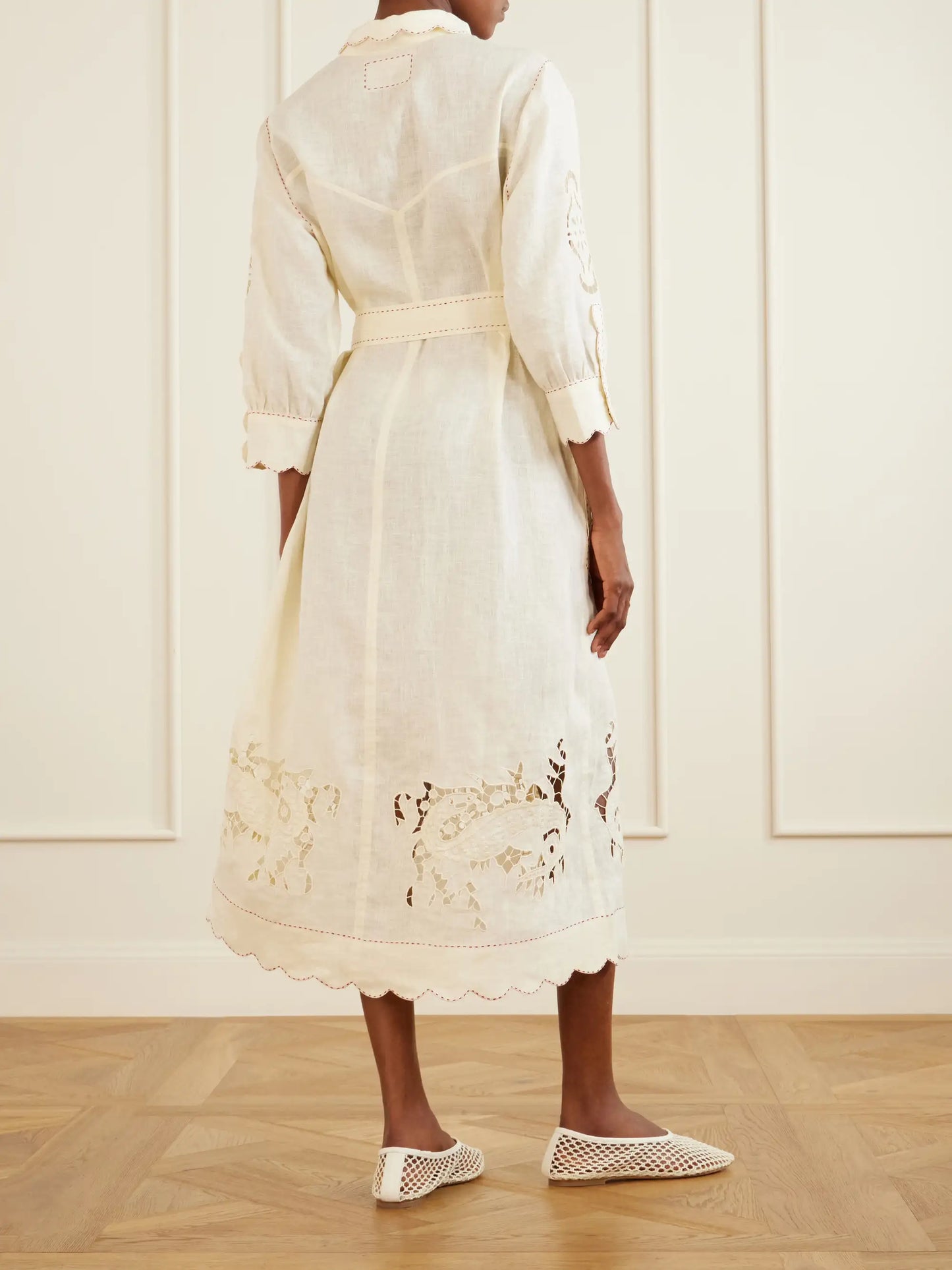 Samarkand Broderie Anglaise-trimmed Belted Linen Midi Dress