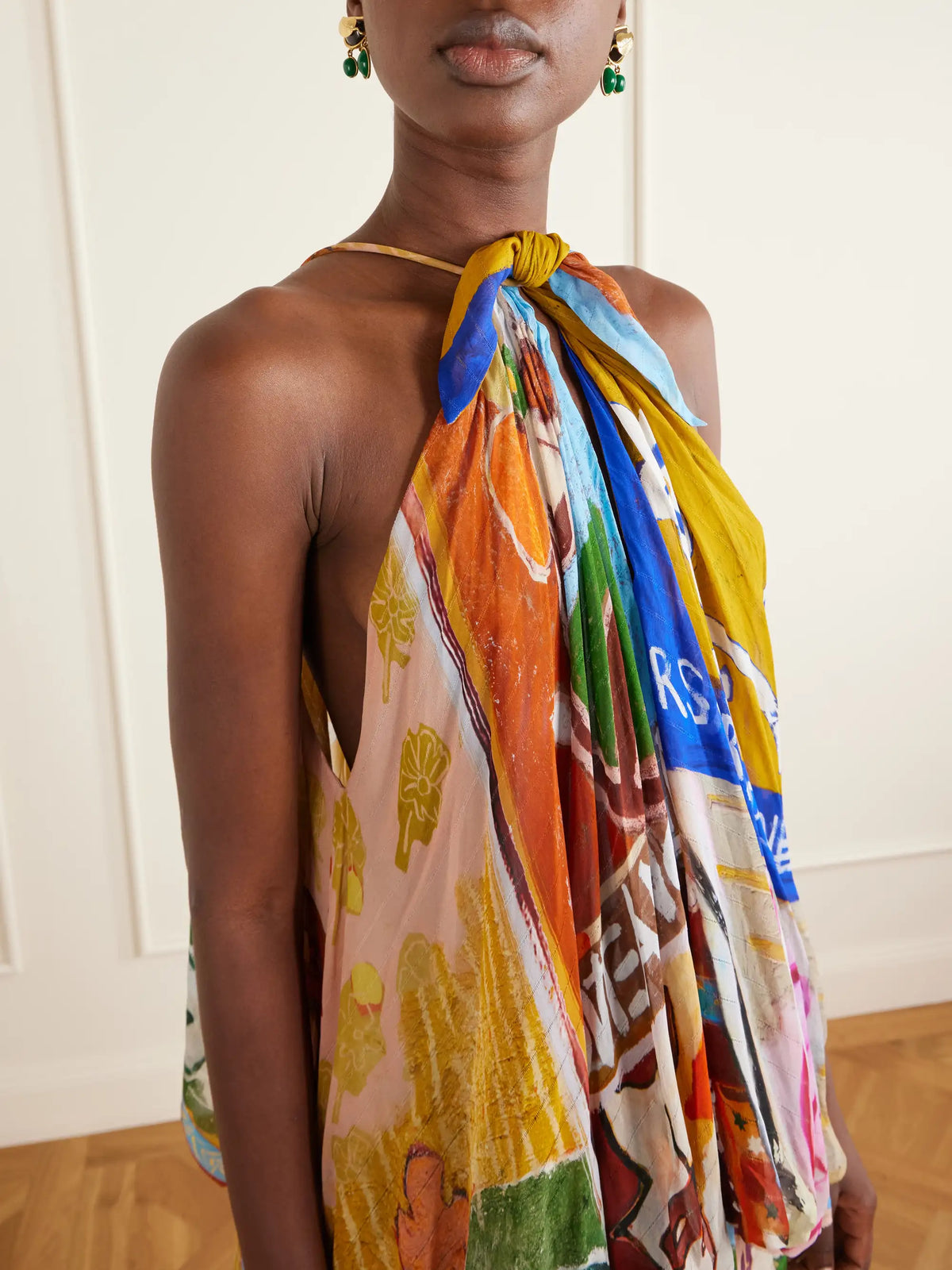 Mlak Draped Printed Organza Halterneck Midi Dress