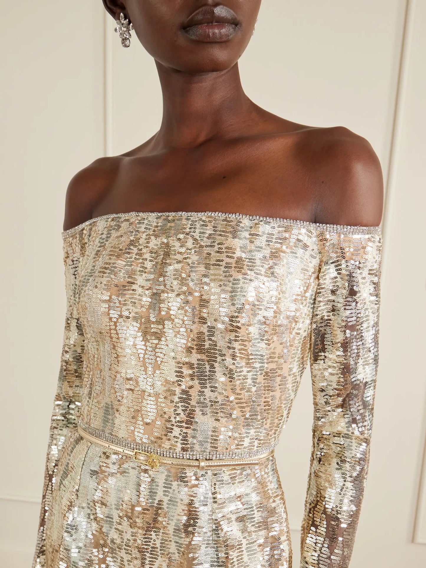 Off-the-shoulder Sequined Silk-blend Gown