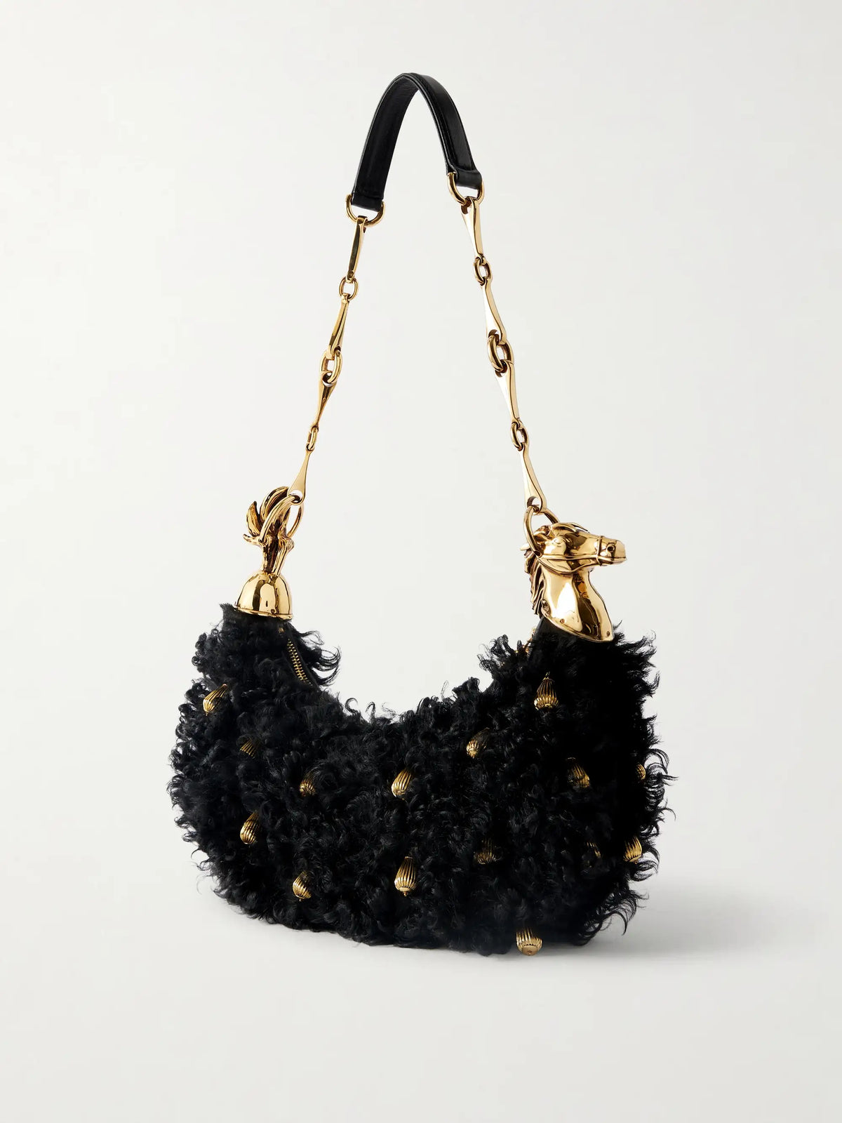 Chain Horse Embellished Shearling Shoulder Bag