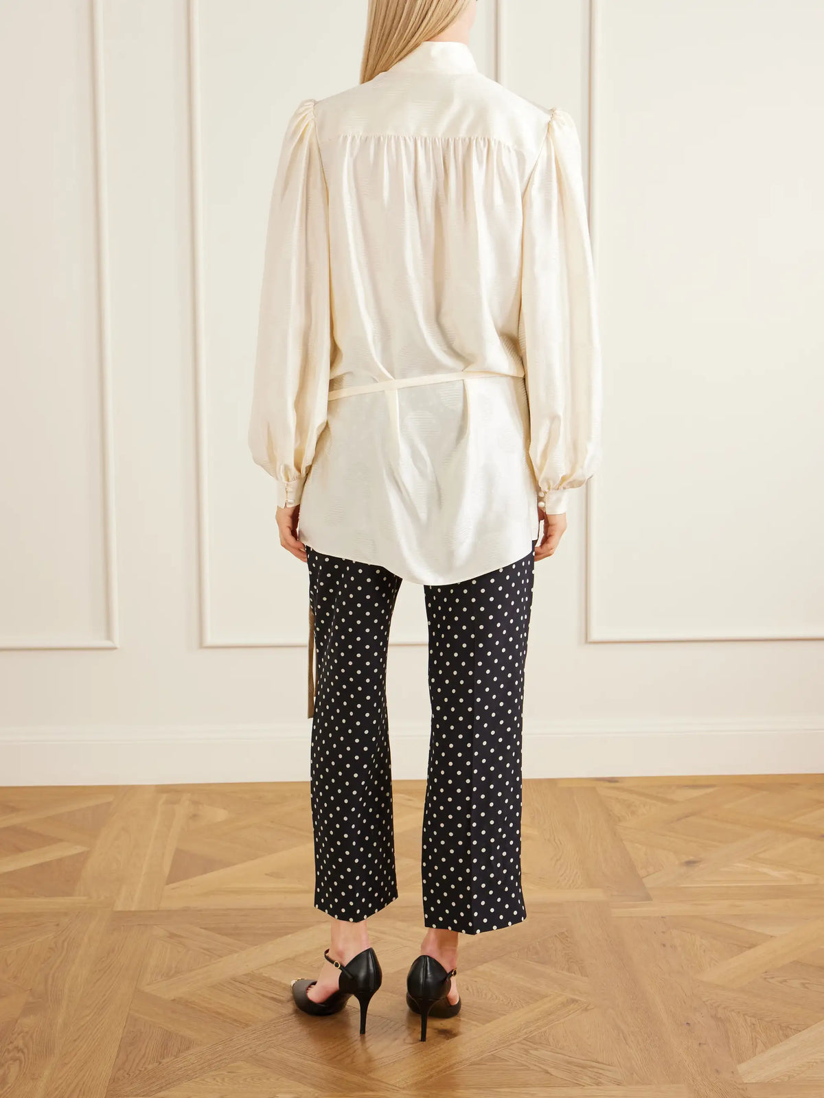 Belted Polka-dot Silk-jacquard Blouse