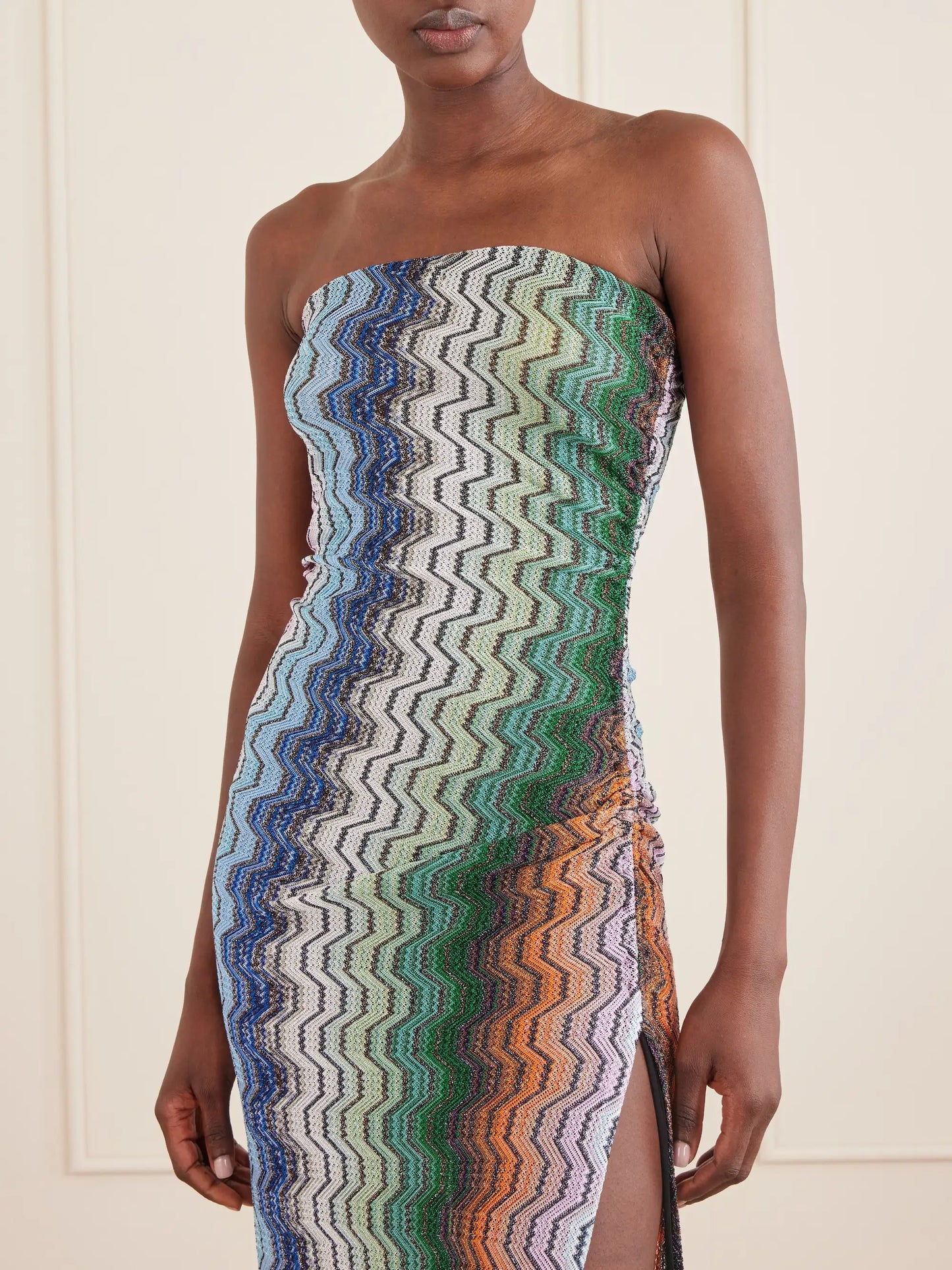 Strapless Striped Metallic Crochet-knit Coverup