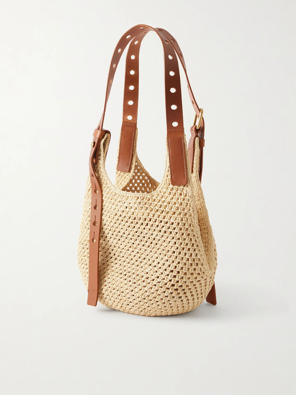+ Paula's Ibiza The Punch Hole Leather-trimmed Raffia Shoulder Bag