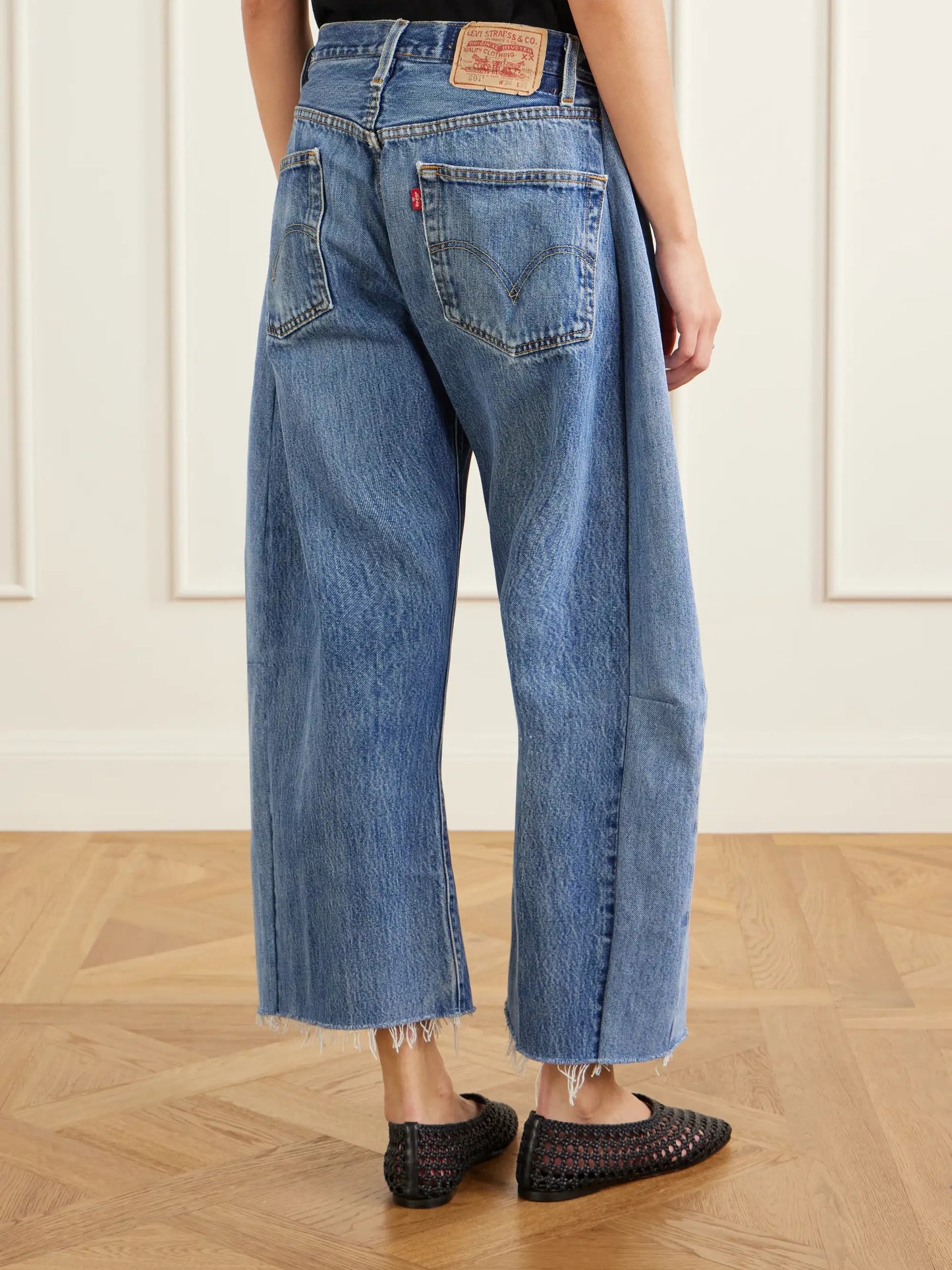 Vintage Lasso Distressed Frayed Paneled Paint-splatter Wide-leg Jeans