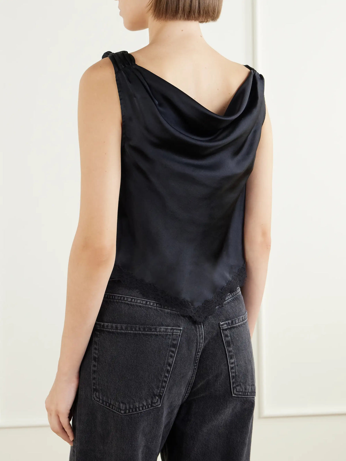 DÔEN Manon Gathered Lace-trimmed Silk-satin Top