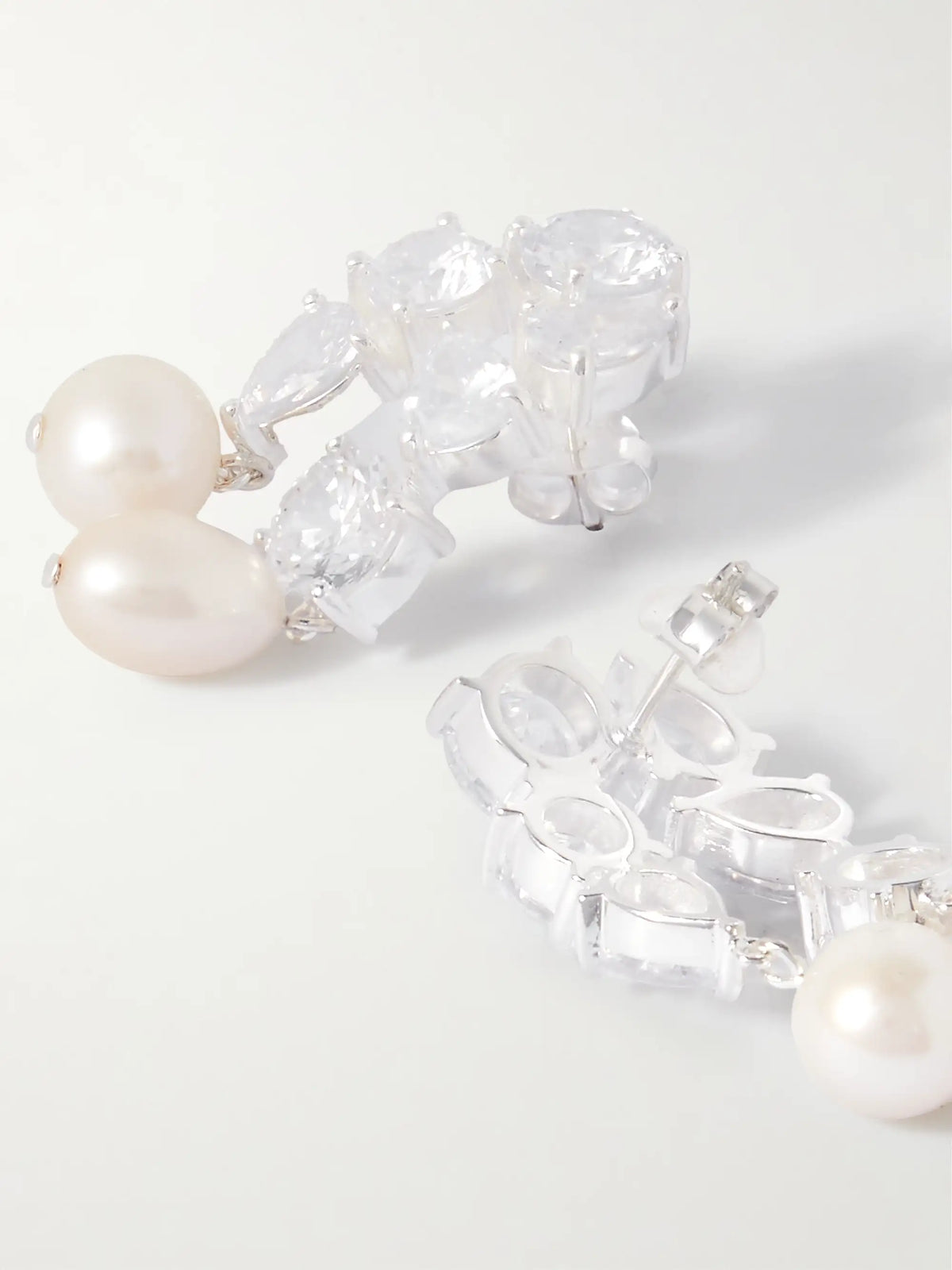 Cascading Recycled Silver, Cubic Zirconia And Pearl Earrings