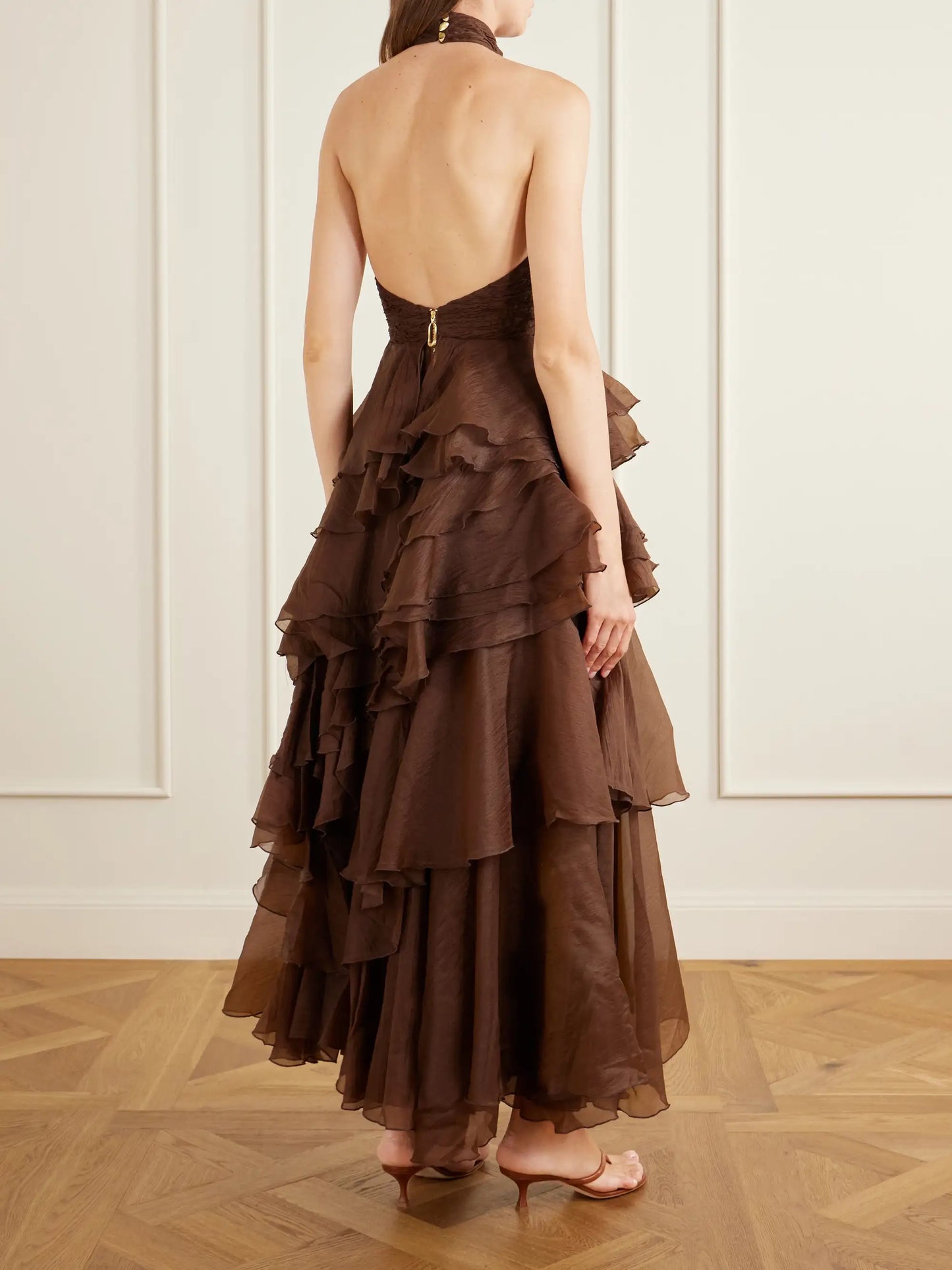 Fayette Tiered Ruffled Crepon Halterneck Gown