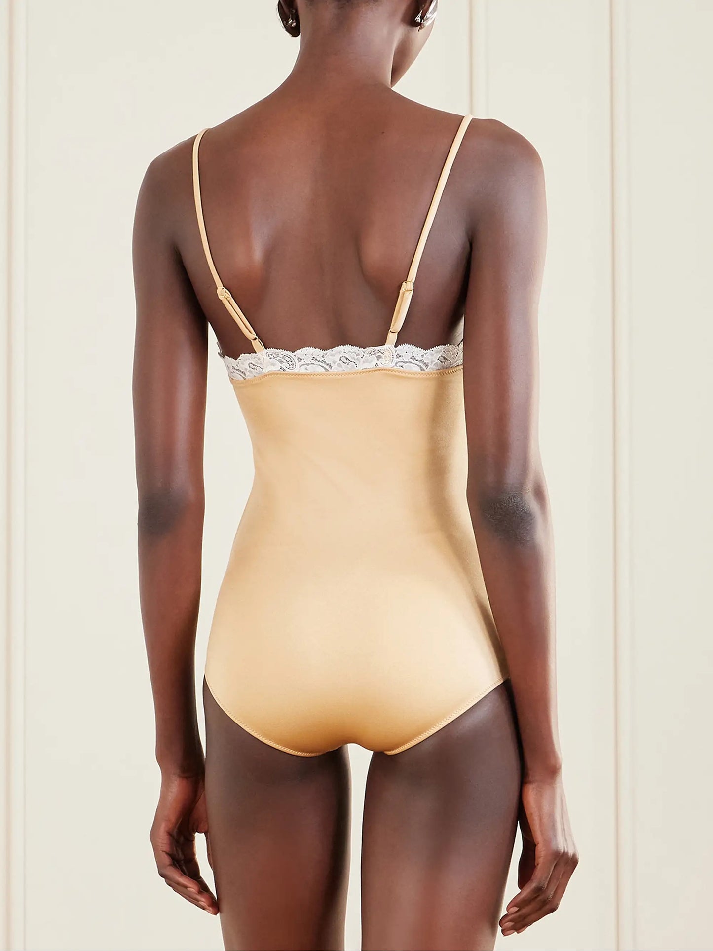 Bow-detailed Lace-trimmed Stretch-jersey Bodysuit