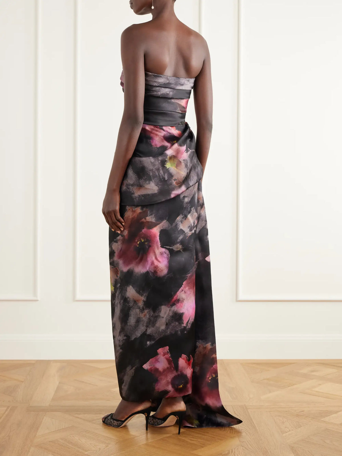 Elie Saab Strapless Pleated Floral-print Silk-blend Organza Gown