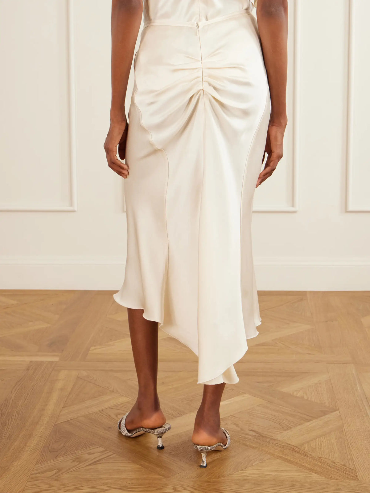 Bela Ruched Satin Midi Skirt