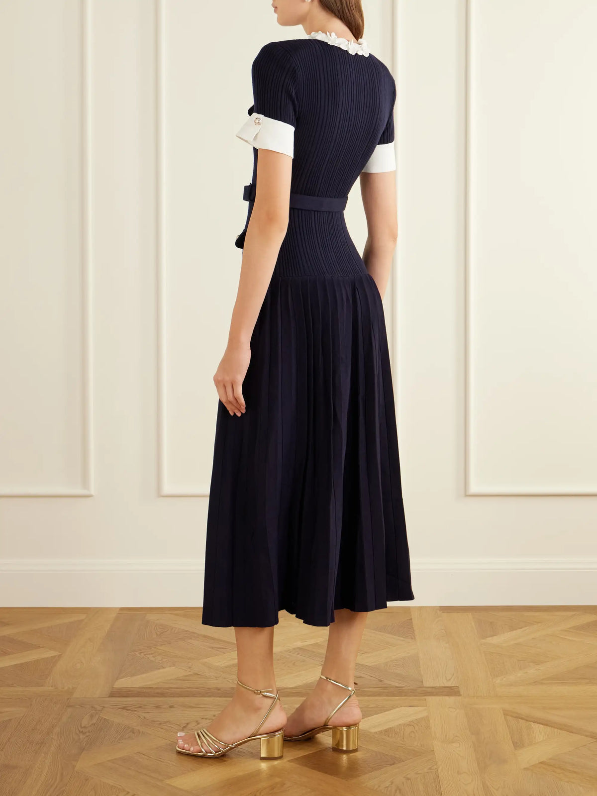 Self-Portrait Belted Floral-appliquéd Ribbed Midi Dress