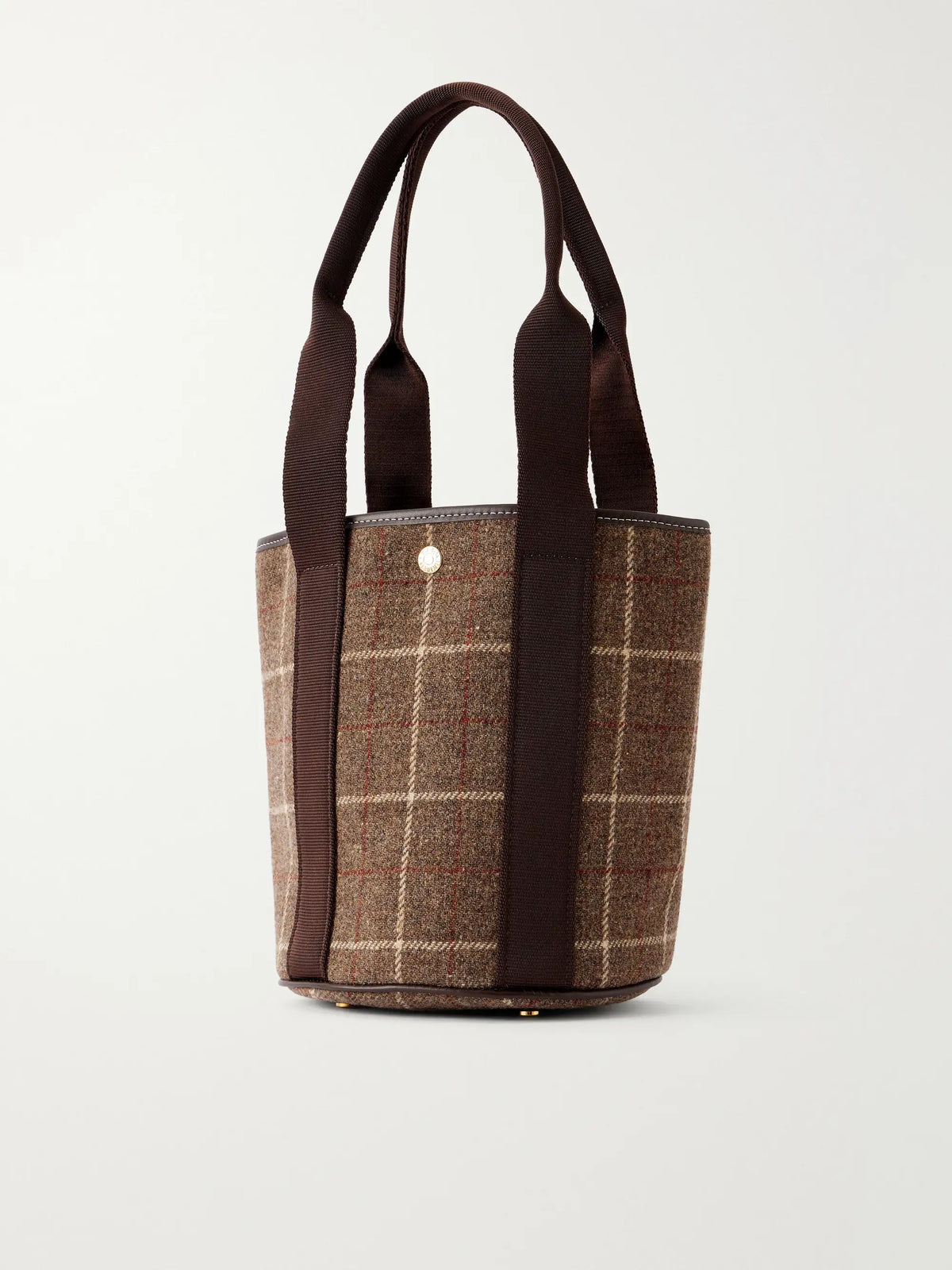 RUE de VERNEUIL Bucket Checked Webbing And Leather-trimmed Wool-tweed Tote