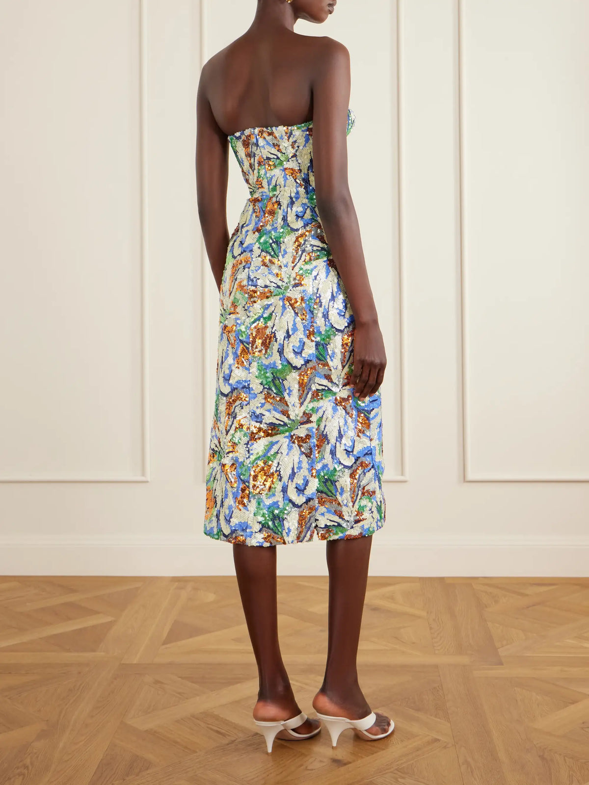 Strapless Sequined Crepe Midi Dress