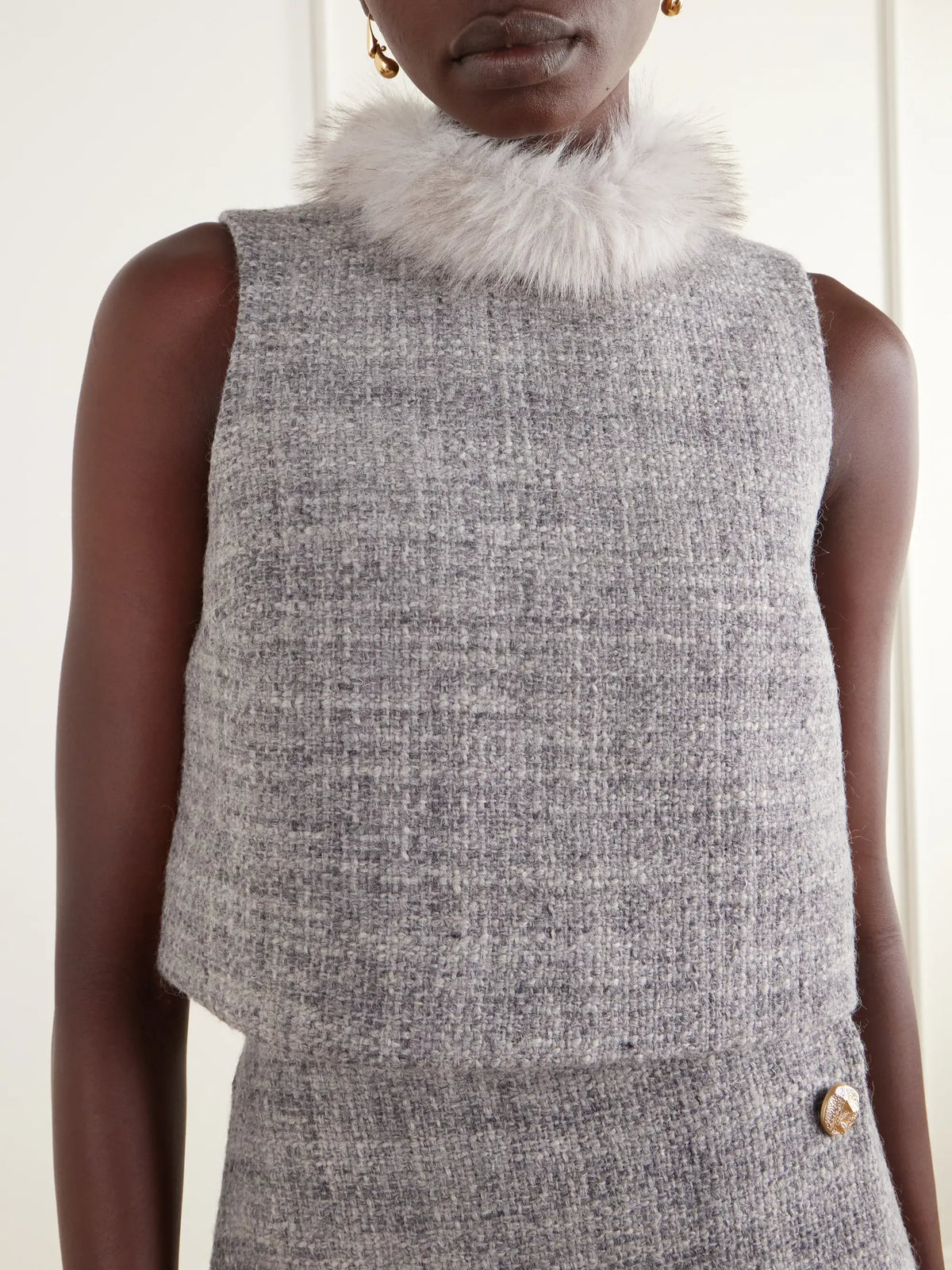 Cara Cara Gina Plush-trimmed Wool-blend Tweed Top
