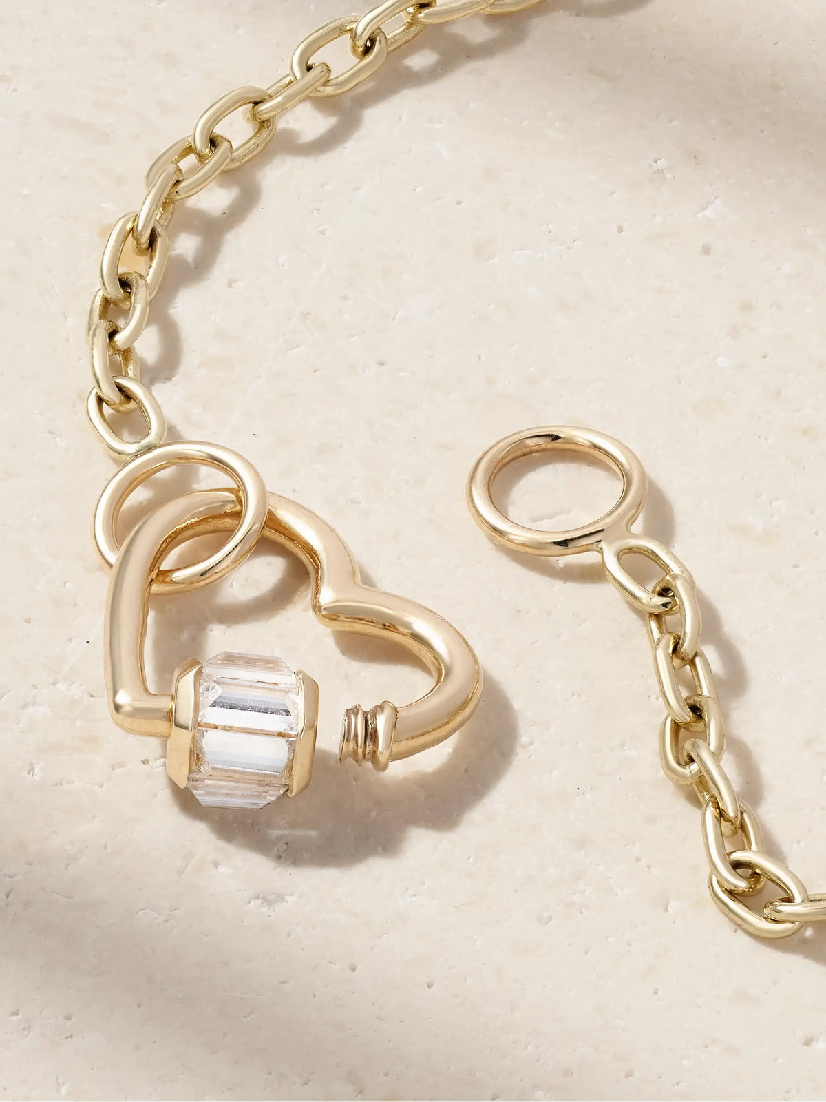 Baguette Baby Heart Lock + Pulley Chain 14-karat Gold Diamond Bracelet