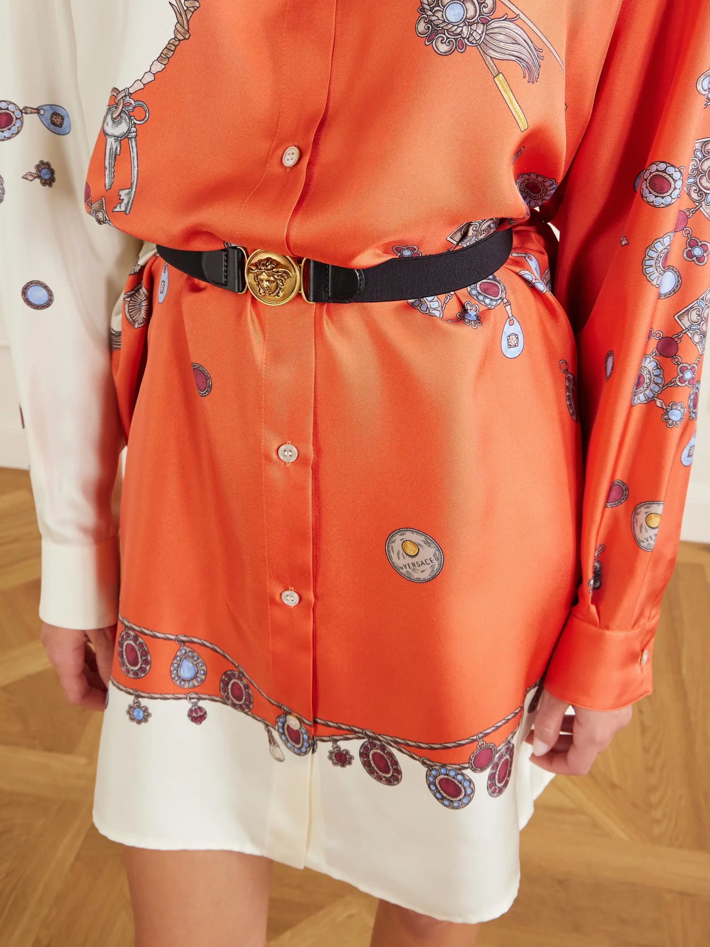 Stolen Jewels Medusa-embellished Belted Printed Silk-twill Mini Dress