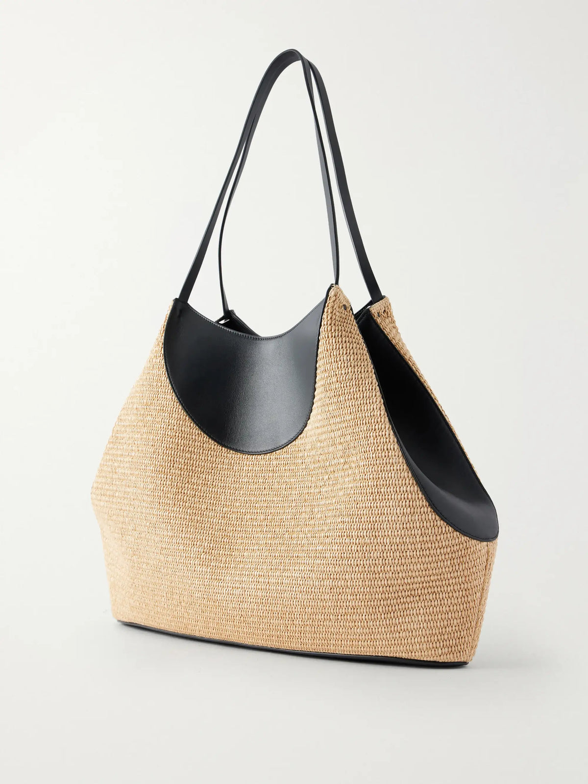 Facet Embroidered Leather-trimmed Raffia Tote