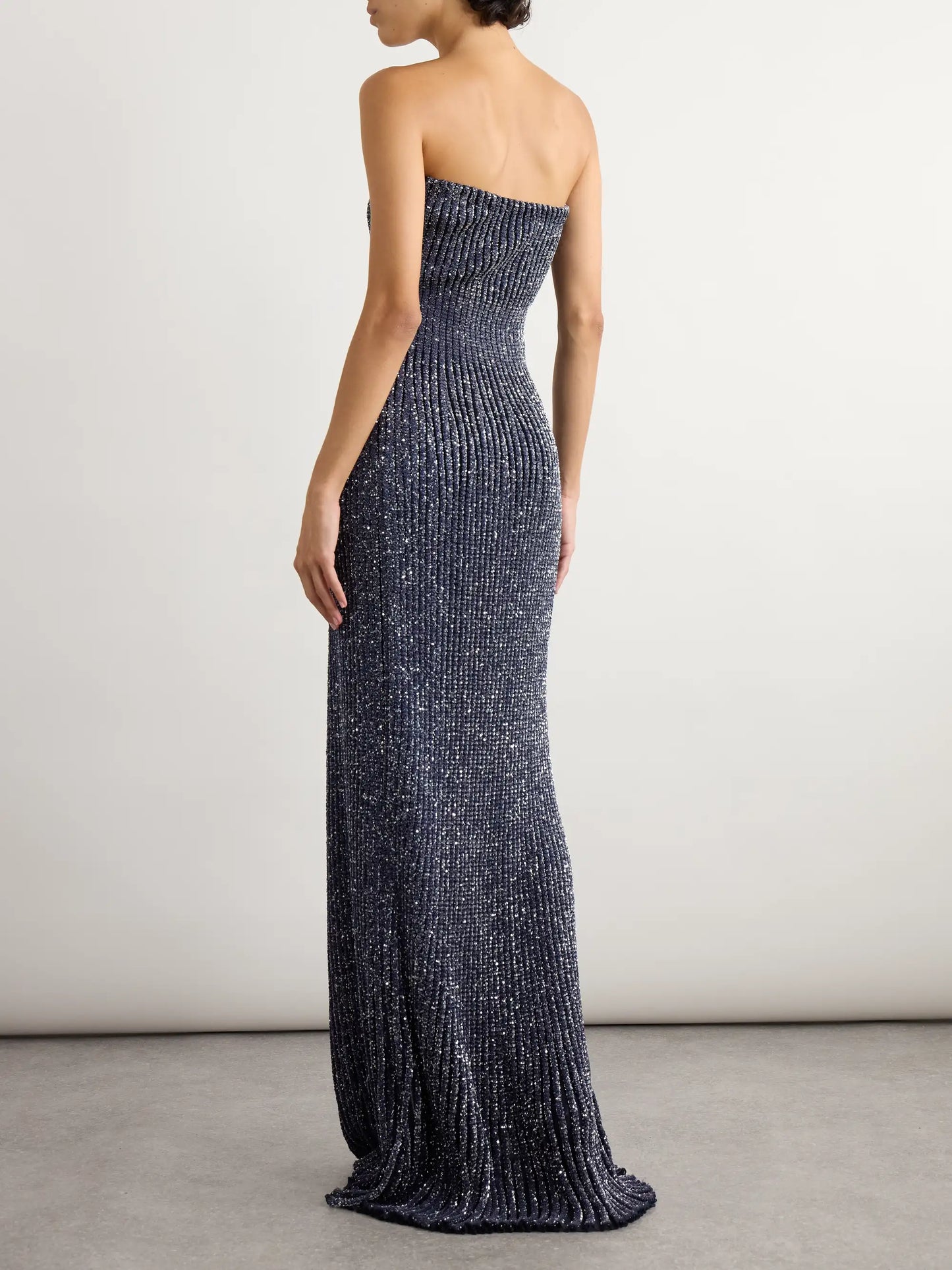 Strapless Sequin-embellished Metallic Ribbed-knit Gown