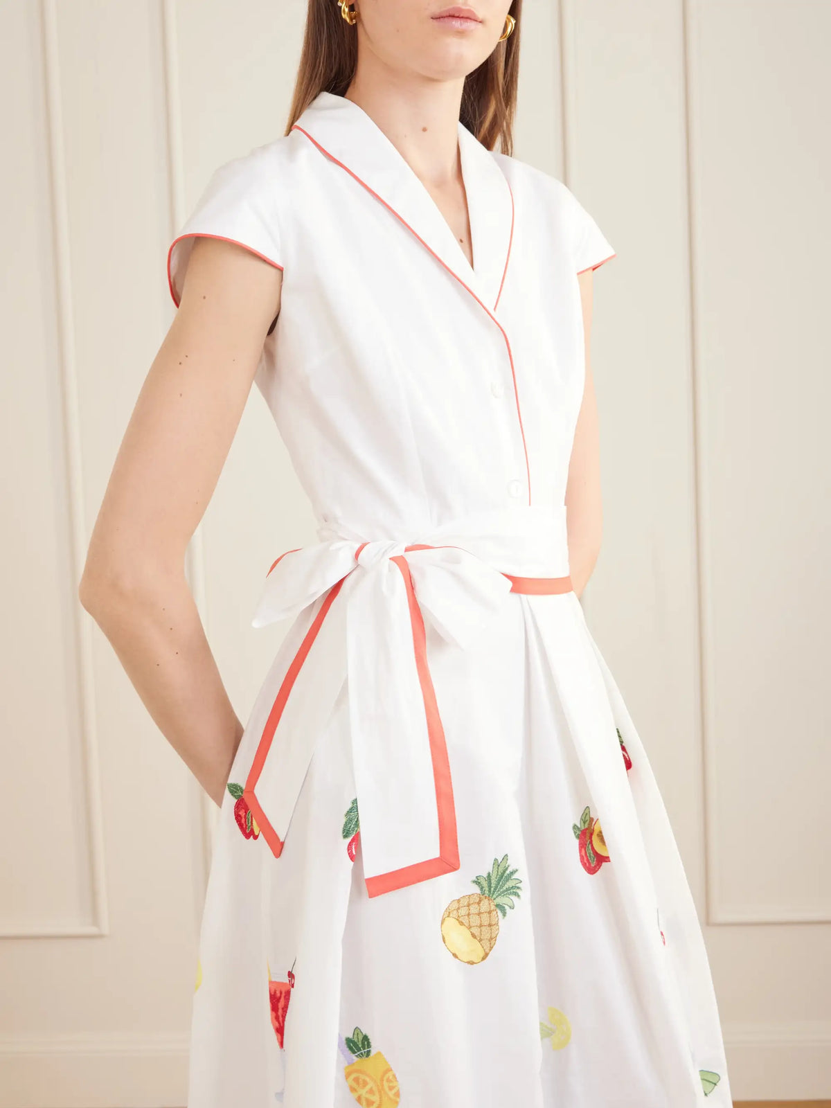 Loretta Caponi Giardino Belted Embroidered Cotton-poplin Dress
