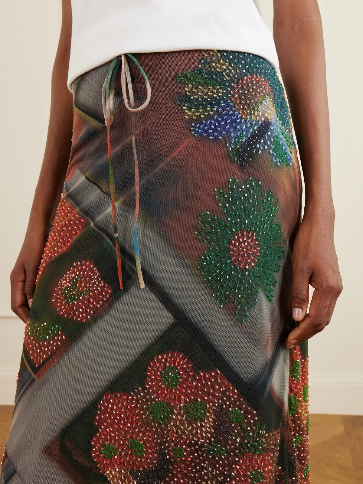 Lucia Bead-embellished Printed Tulle Midi Skirt