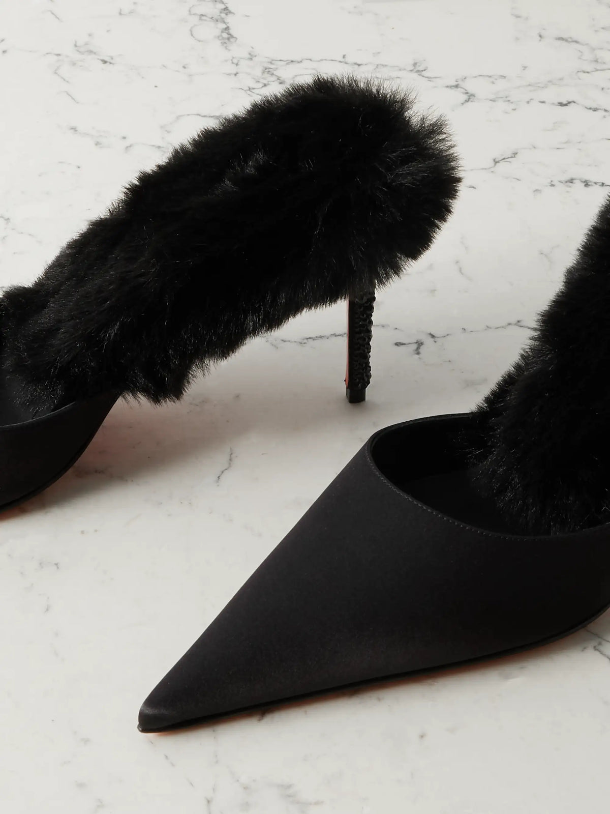 Plush-trimmed Satin Mules